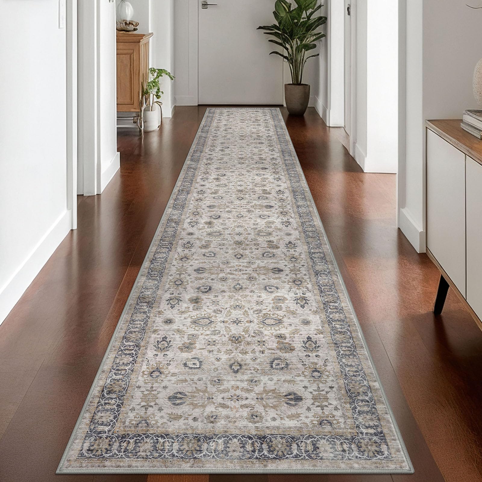 KOZYFLY Vintage Washable Rug Runner 2.6x14 Hallway Rug Runner Grey/Beige — image 1