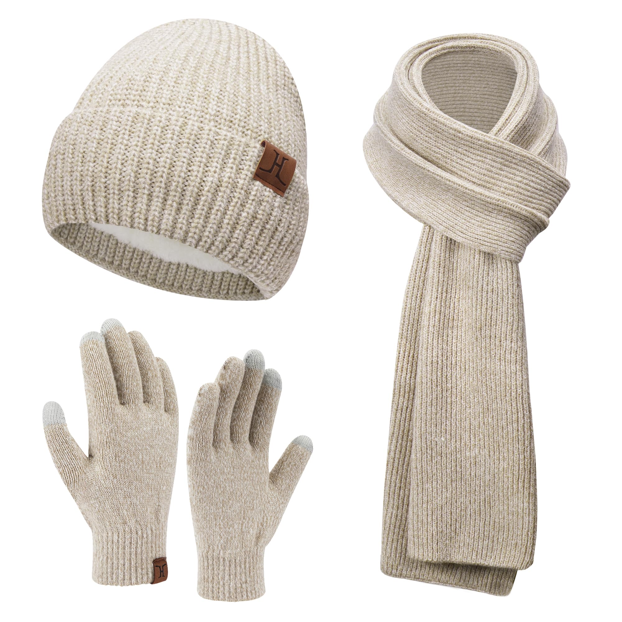 ZASFOU Damskie zimowe ciepłe czapki beanie, długi szalik, rękawiczki dotykowe - zestaw dzianinowych szalików na szyję i czapek typu skull cap z polarem, prezenty dla kobiet, Biały, beżowy, Rozmiar
