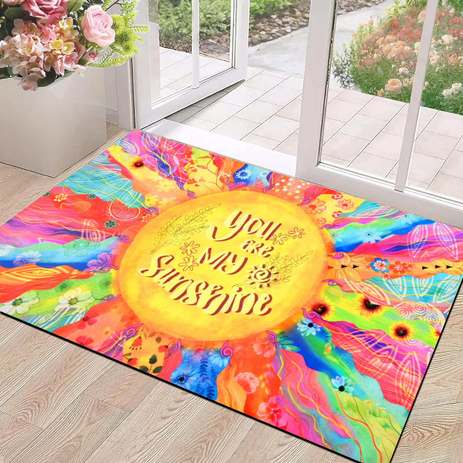 Boho Sun Doormat, Colorful Floral Welcome Mat Non Slip, You are My Sunshine Outdoor Indoor Front Door Mat Doormat for Front Door, Entryway, Washable,