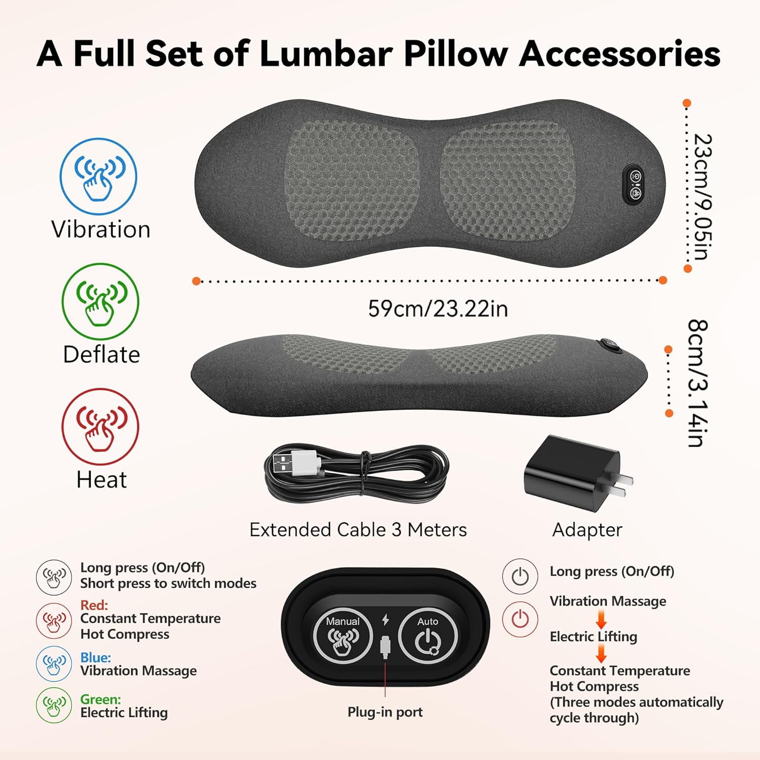3 in 1 Electric Lumbar Support Pillow with 3-Meter USB Cable, Heated Vibration Back Massager and Ergonomic Bending for Lower Back Pain Relief