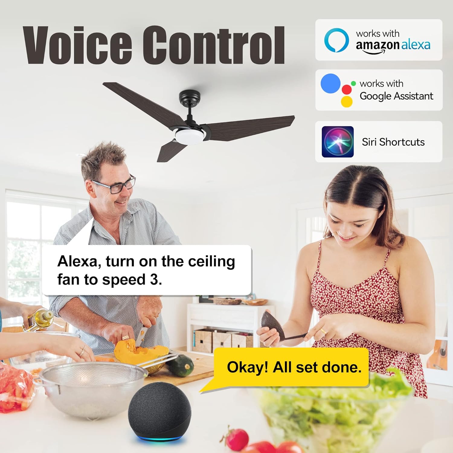 SMAAIR 52 Inch Smart Ceiling Fan with Light, 3 Blade Low Profile Ceiling Fan with Light and 10 Speed DC Motor, works with APP/Alexa/Google Assistant/Siri Shortcuts (Dark Walnut Wood)