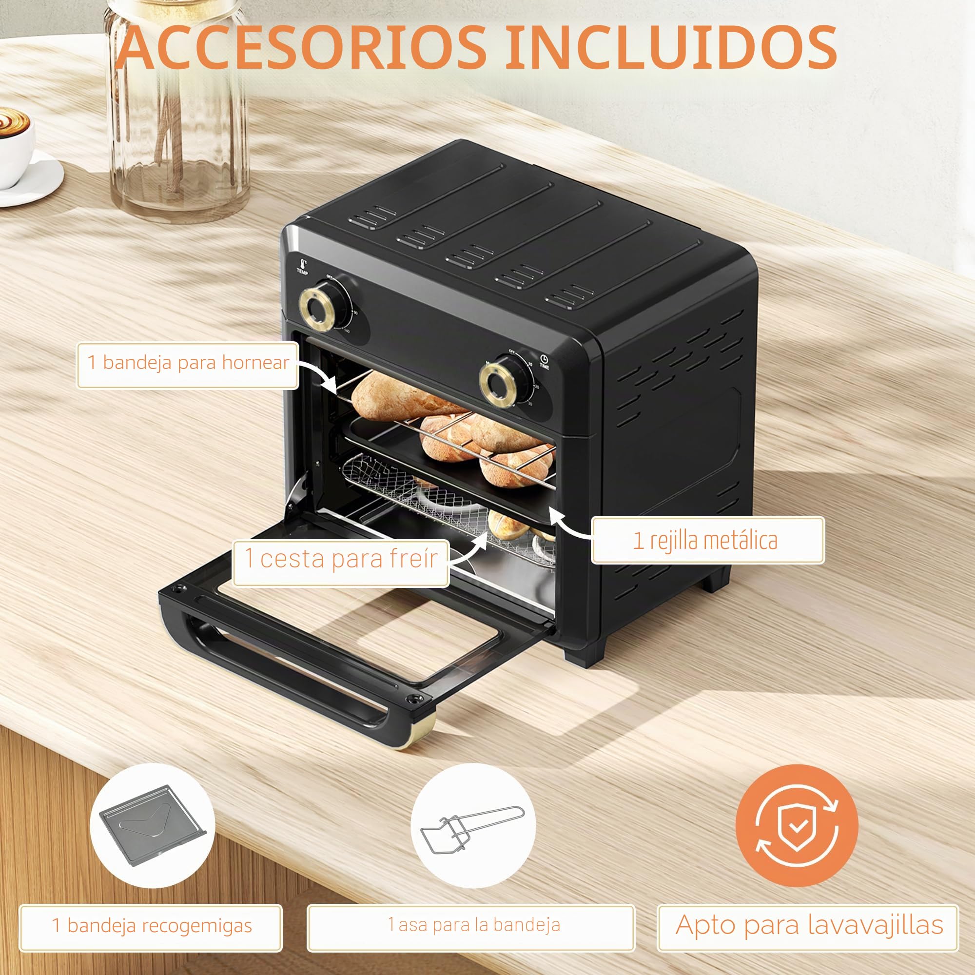 HOMCOM Mini horno con convección, freidora de aire caliente de 10L, Horno pequeño con temporizador de 60 minutos e iluminación interior, 80-230℃, 3 estantes, Accesorios aptos para lavavajillas,