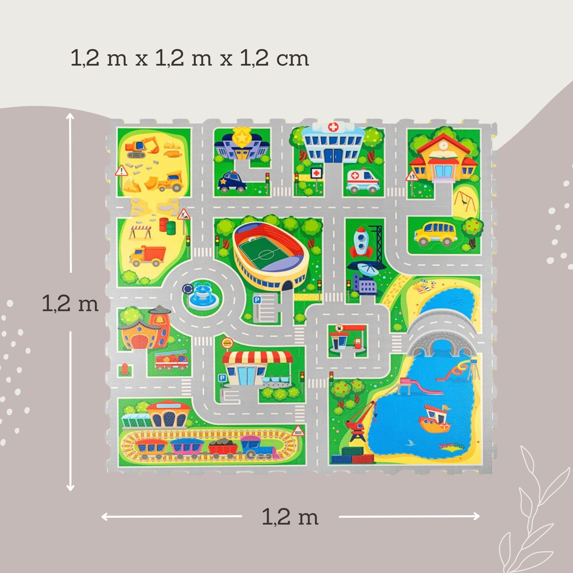 Hakuna Matte Mata Puzzle dla Niemowląt 1,2x1,2m – Piankowe Płyty z Drogami & 11 Autek – Grubszy i Miękki Dywanik Samochodowy do Zabawy