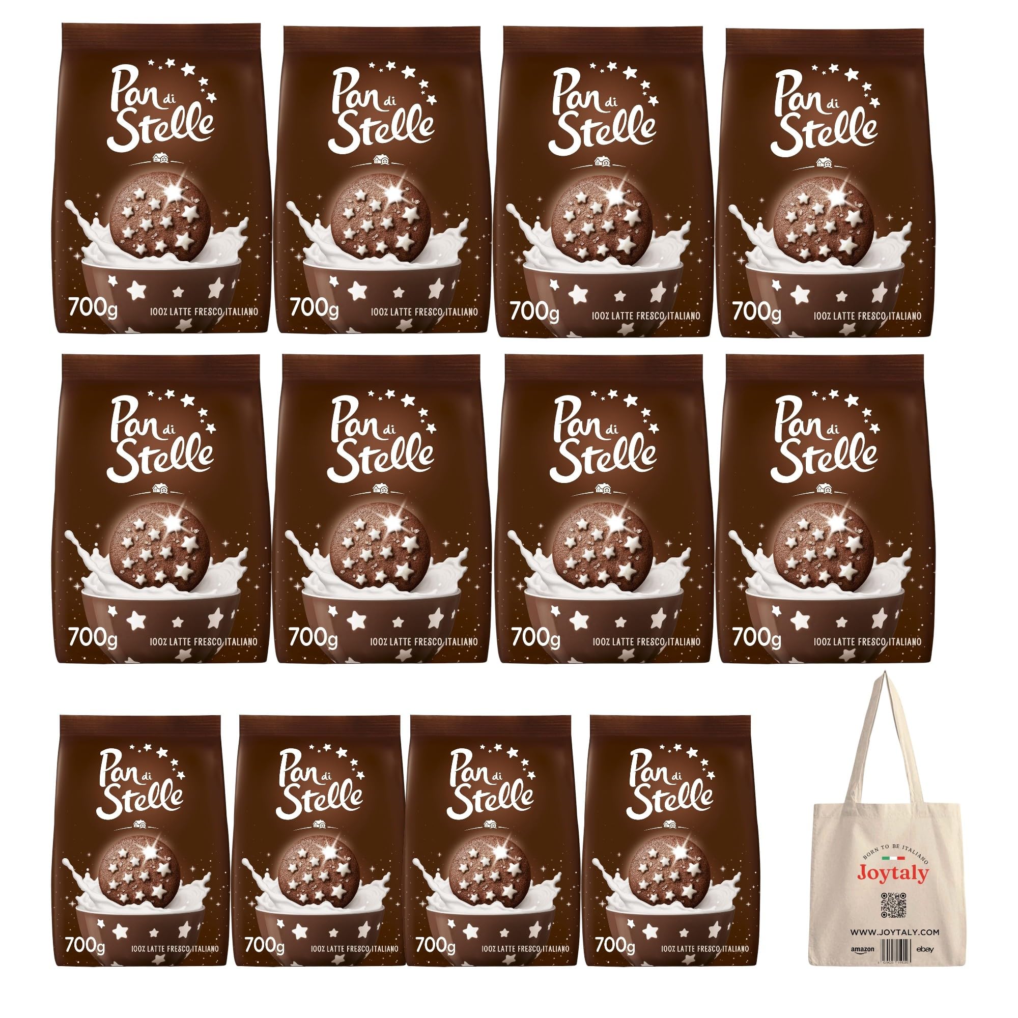 12X Pan di Stelle Biscotti Frollini con Cacao, Cioccolato e Latte Fresco Italiano, Colazione Ricca di Gusto, 700 g + JOYTALY BORSA SPESA GRATIS