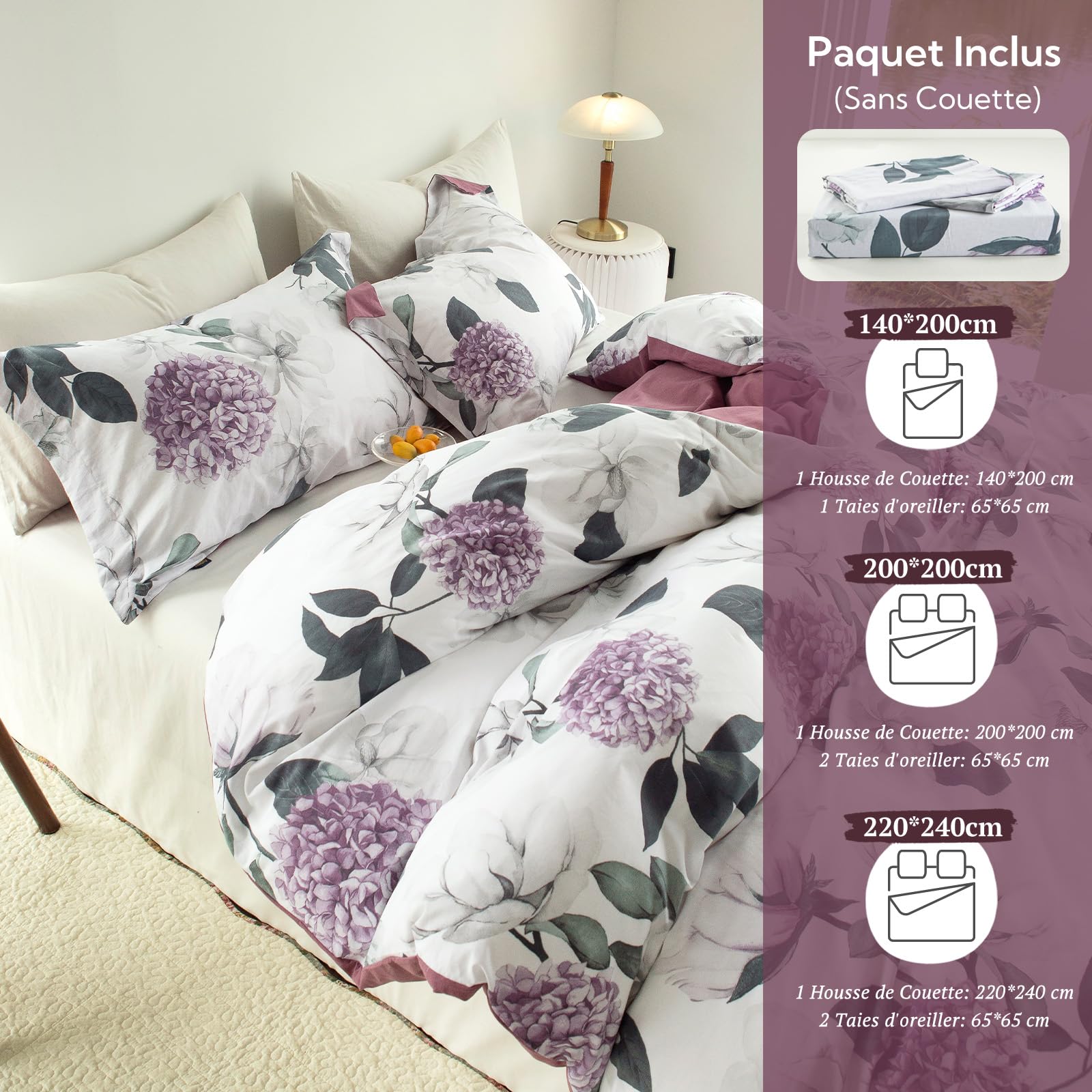 MILDLY Funda de edredón 220x240 de algodón con flores de hortensia violeta, 100% algodón lavado, textura de lino, certificado Oeko-TEX, juego de cama tropical con flores 220x240 de algodón con 2