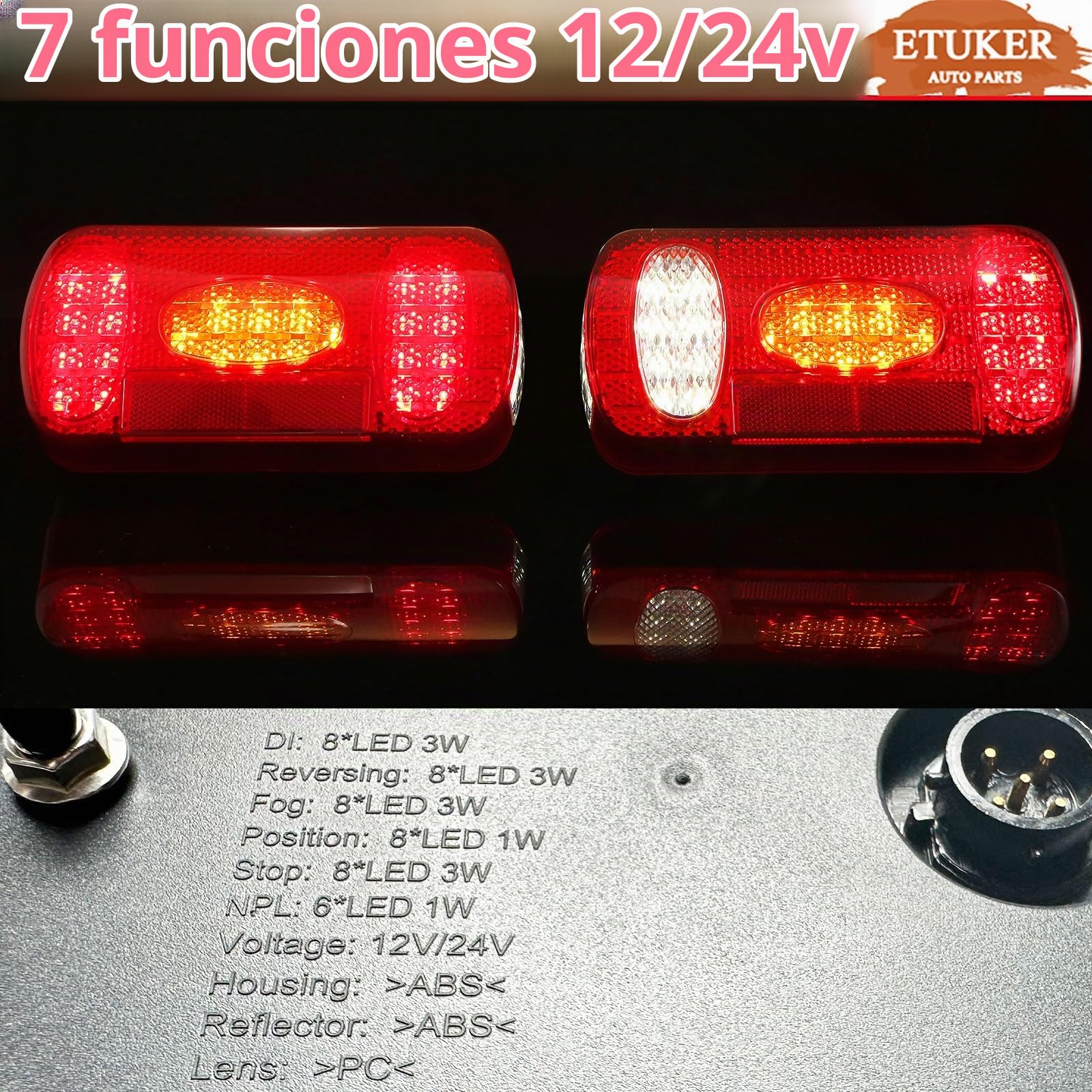 Pilotos Traseros Remolque LED 12/24V Homologados 7Funcione Luz Antiniebla/Piloto Marcha Atrás/Luces de Matrícula