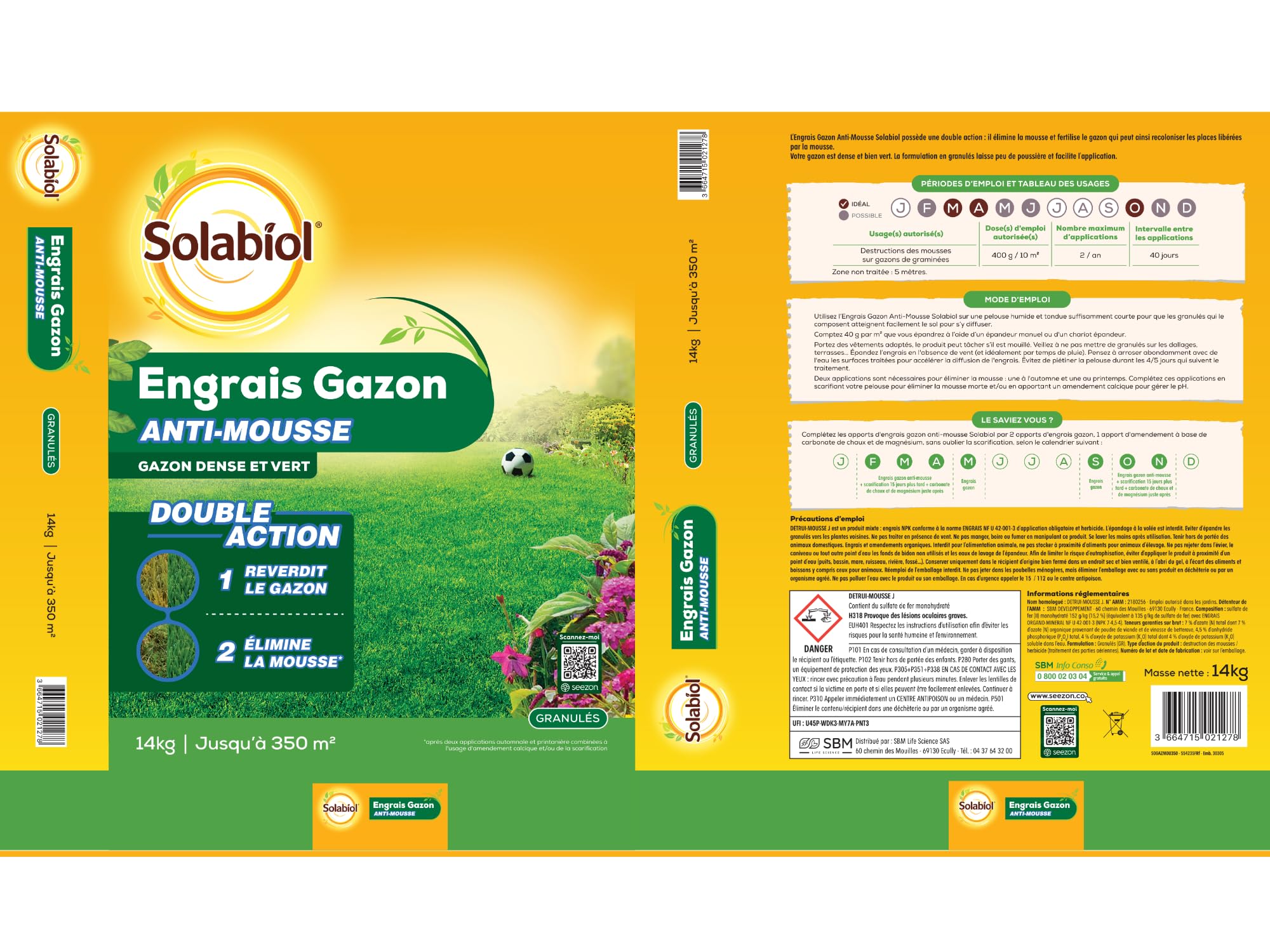 SOLABIOL Engrais Gazon 14 Kg Double Action 350m² Granulés Anti-Mousse