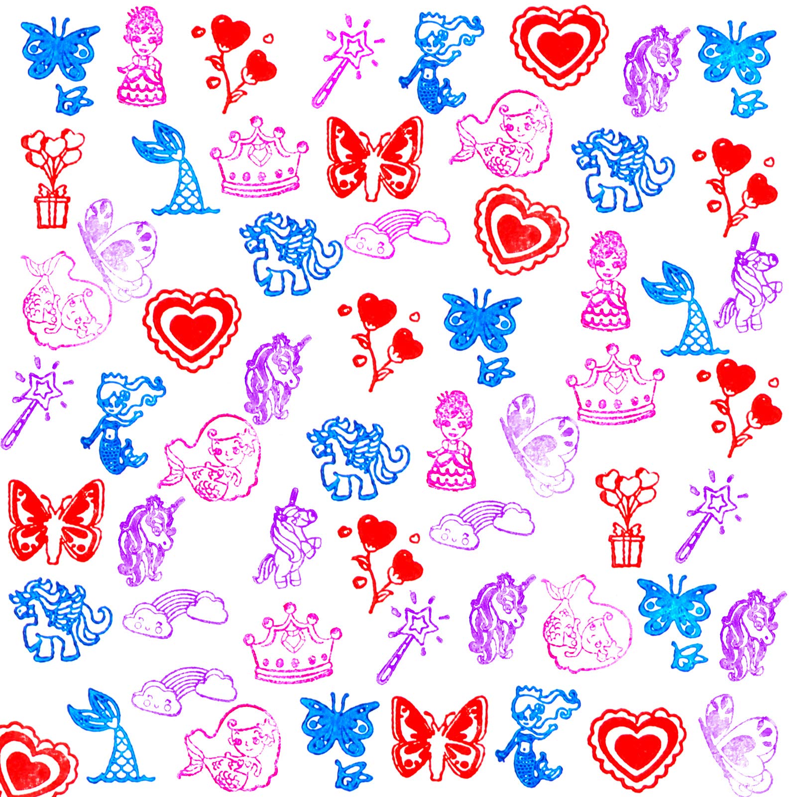 HOWAF 16 Madera Sellos para Niñas Niños Manualidades con Almohadilla de Tinta 4, Unicornio Sirena Princesa Corazón Arcoíris Mariposa Sellos para Niña Bricolaje Scrapbooking Tarjeta Impermeables Regalo
