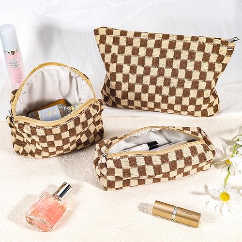 Miniatura 7 de ZLFSRQ Bolsa de maquillaje a cuadros para mujer, juego de bolsa de cosméticos de gran capacidad, bolsa de maquillaje de viaje para bolso,