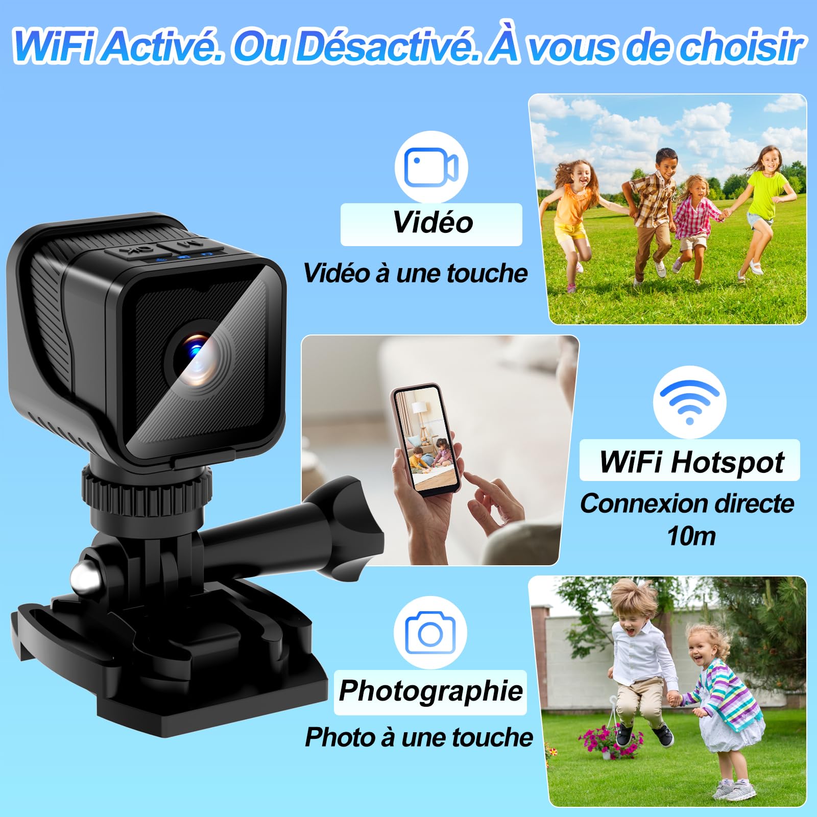 Camera Velo 1080P WiFi Grand Angle Mini Sport, Enregistrement en Boucle | Batterie 900mAh, charge en continu, résiste aux éclaboussures, supports inclus, webcam/dashcam