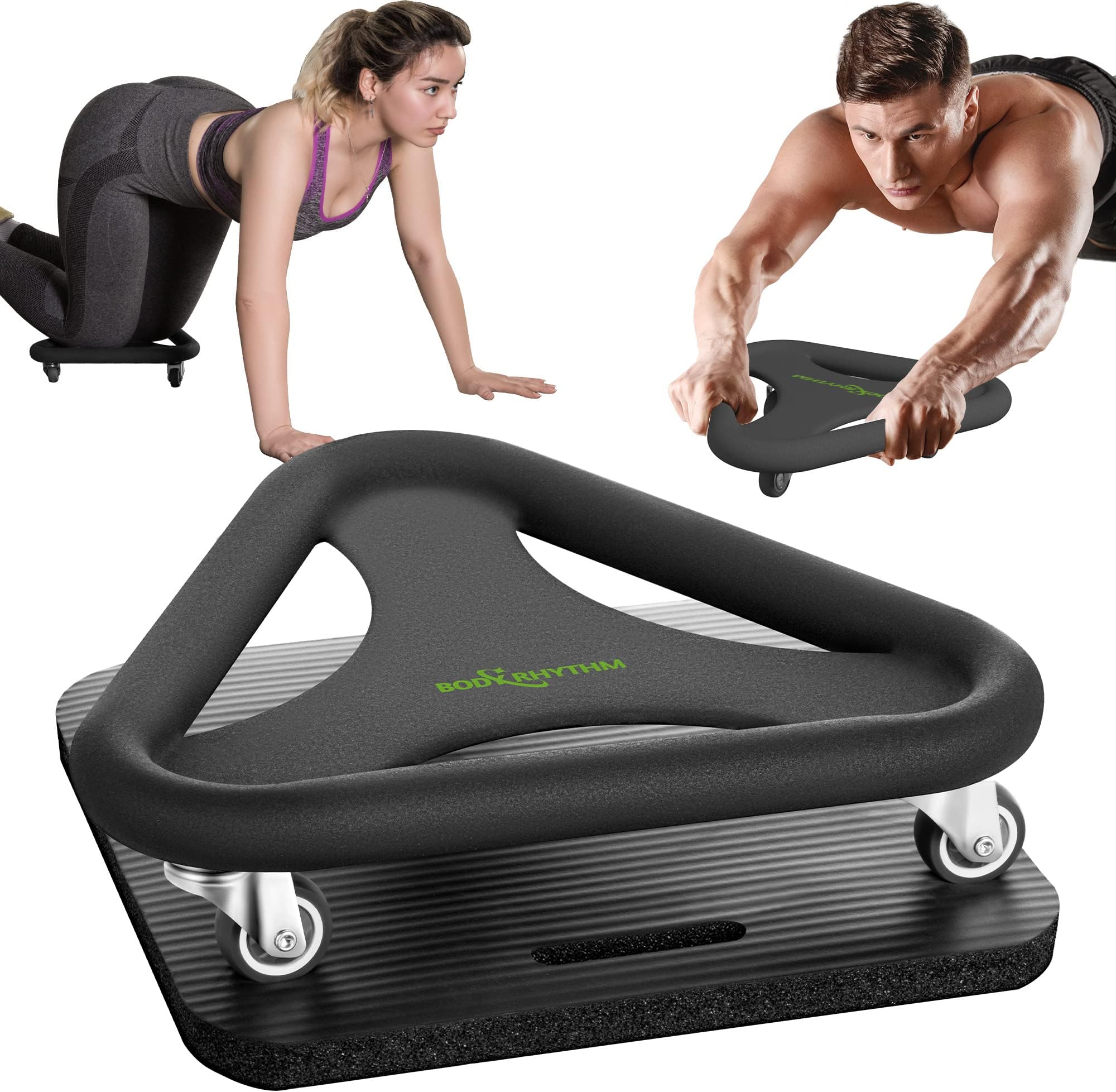 BODY RHYTHM Abdominal & Core Coaster Strength Workout Trainer, Ab Wheel Roller Exercise Machine with Knee Mat for Home Gym Workout Fitness. (Black)