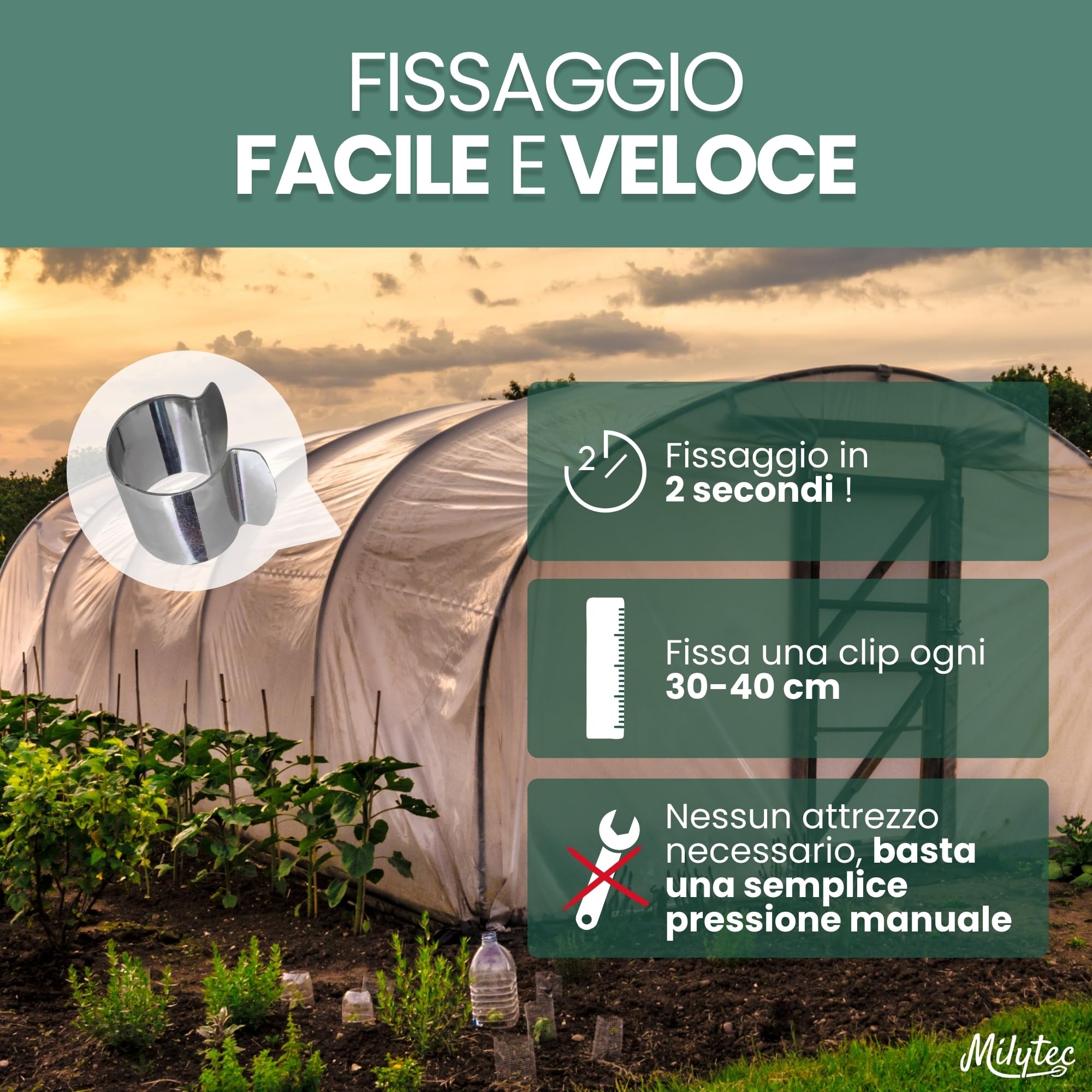 50 clip per serra diametro 25 mm in acciaio zincato, clip di fissaggio metallo per telone serra tunnel, protezione piantine piantagioni, resistenza vento tempeste