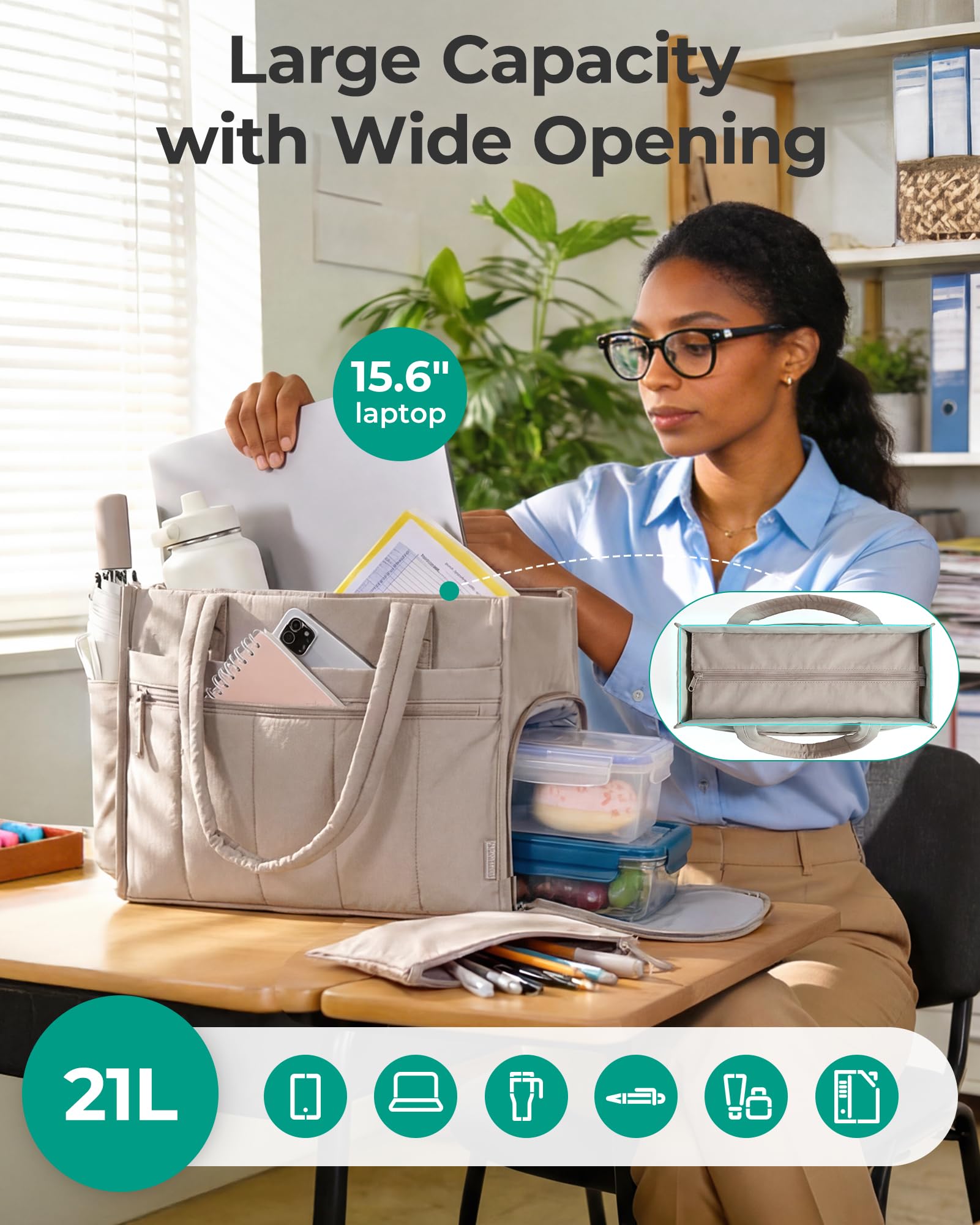 bagsmart Torebka damska, torba robocza z izolowaną kieszenią chłodzącą, torba buforowa, torba na laptopa o przekątnej ekranu 15,6", aktówka, torba nauczycielska, torba na lunch, duża, lekka torba na