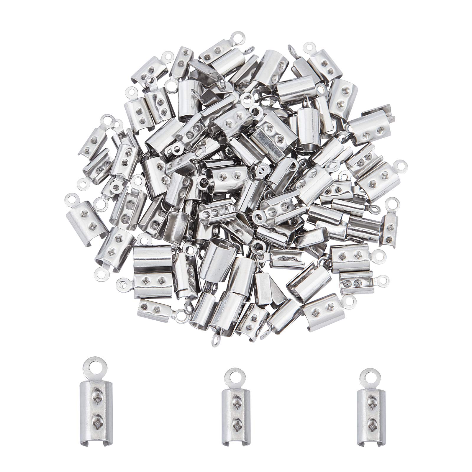 UNICRAFTALE About 180pcs 3 Sizes Folding Crimp Ends Crimps Ends Fold Over Cord Ends Terminators Clamp End Tipsinner Dia Jewelry Finding Kit for Bracelets, Stainless Steel Color
