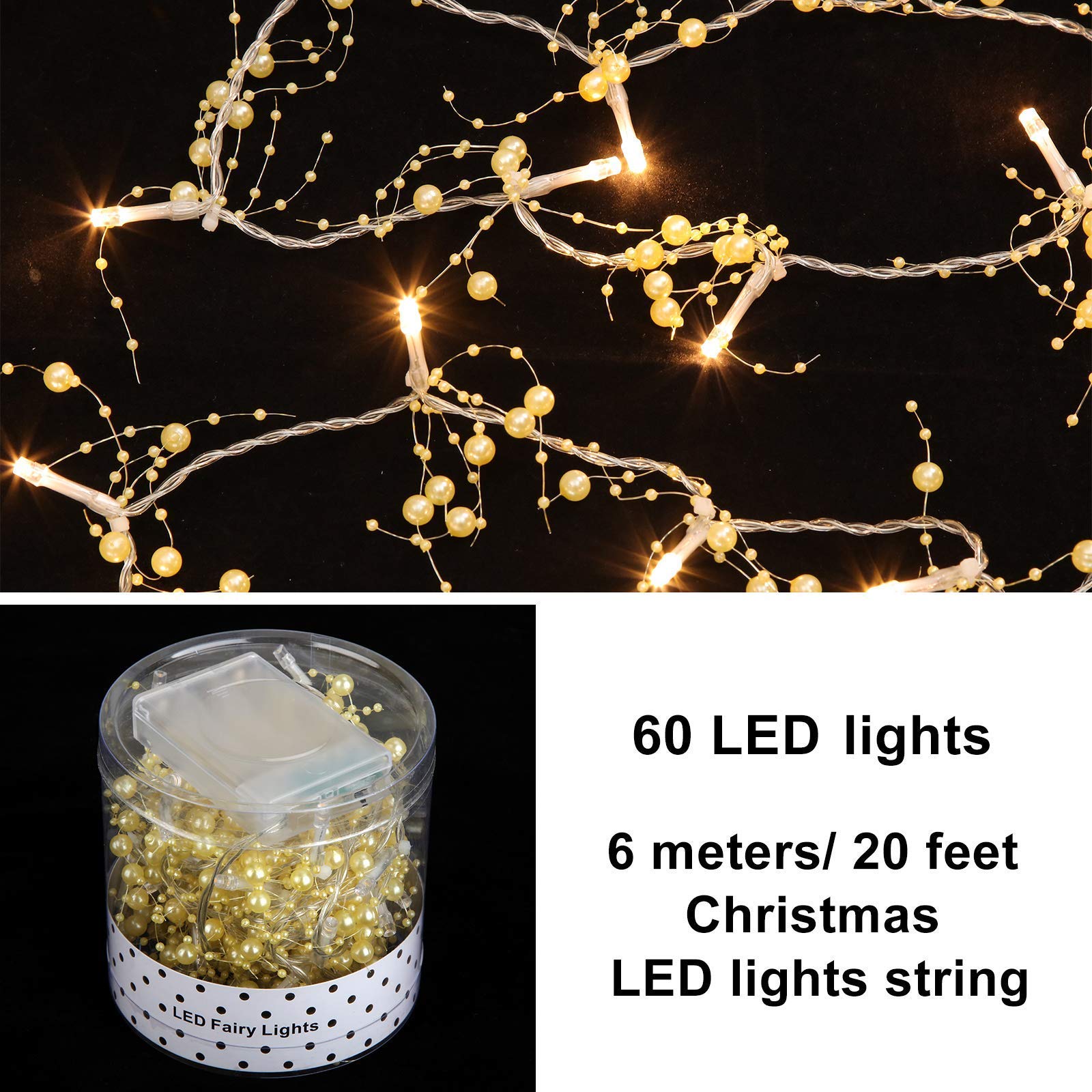 Luci Natalizie a LED da 20 Piedi Luci a Ghirlanda con Perline di Bacche 60 Luci Natalizie a LED per Interni Luci Natalizie a Batteria con Perline Solide per Natale, Decorazioni per