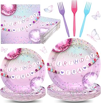 Baderke In My Birthday Era Party Tableware Set, 96 Pcs Disposable Paper Plates, Napkin, Fork, Music and Friendship Themed Party Supplies for Girls Women Birthday DecorationsPastel Rainbow
