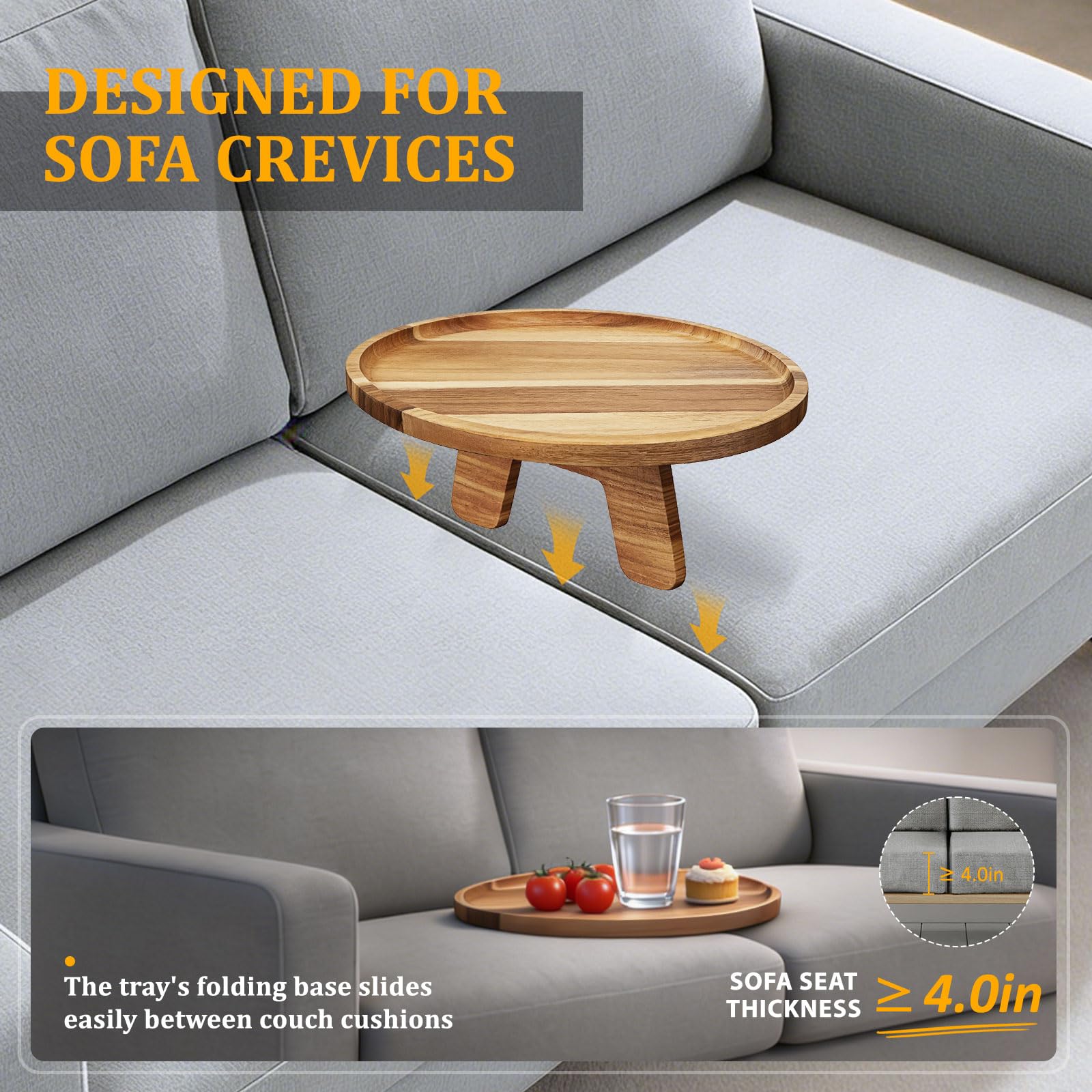 Bandeja de sofá de madera de acacia, inserto de mesa plegable para sofá central portátil, bandejas de reposabrazos perfectas para bebidas, aperitivos, teléfono, control remoto (círculo)