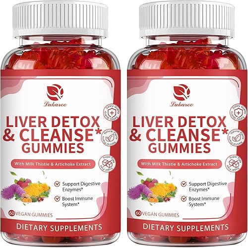 Liver Cleanse Gomitas de desintoxicación y reparación - Cardo mariano, diente de león, extracto de alcachofa y saúco, sin azúcar, sabor a frambuesa,