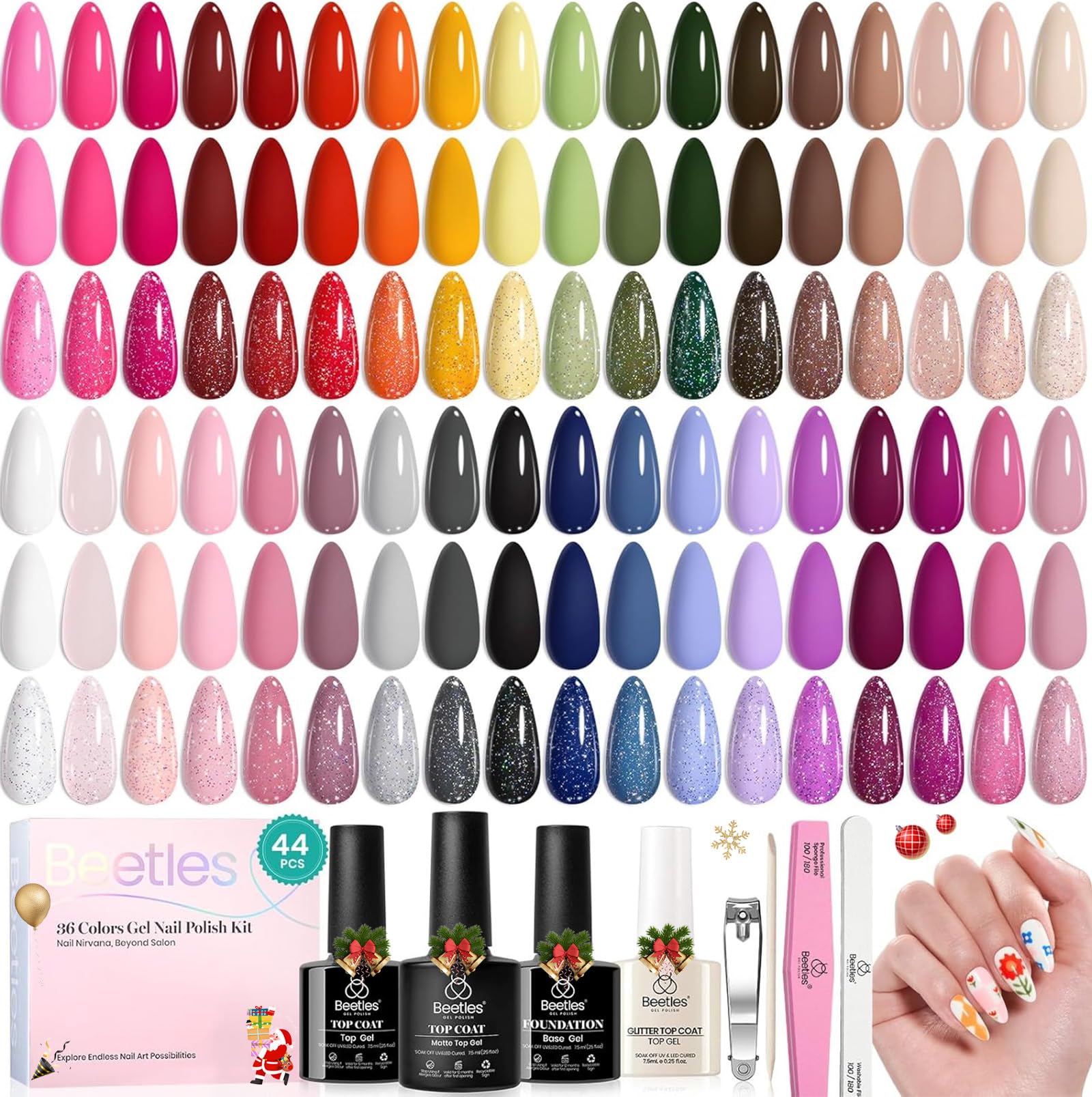 beetles Gel Polish 44 PCS Christmas Set-36 Colours Soak Off UV Gel Polish Set Base Coat Glossy Matte & Glitter Top Coat Colourful Muse Collection Nude White Pink Red Blue Manicure Gifts for Her