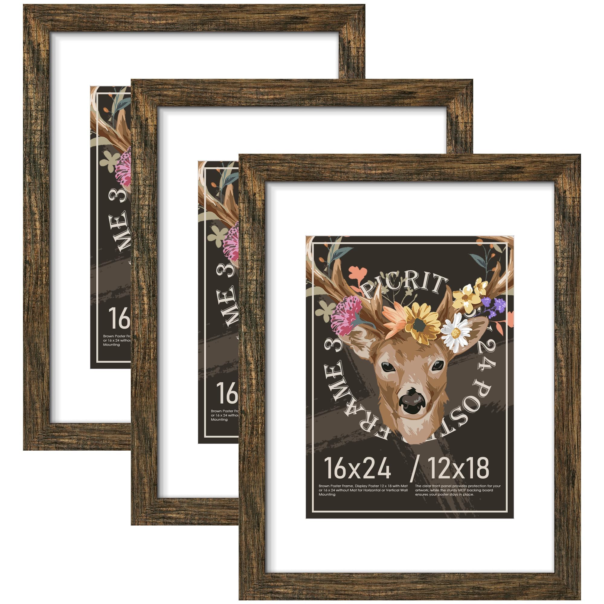 Picrit 16x24 Rustic Brown Picture Frame, Poster Frame for Wall, 3 Pack