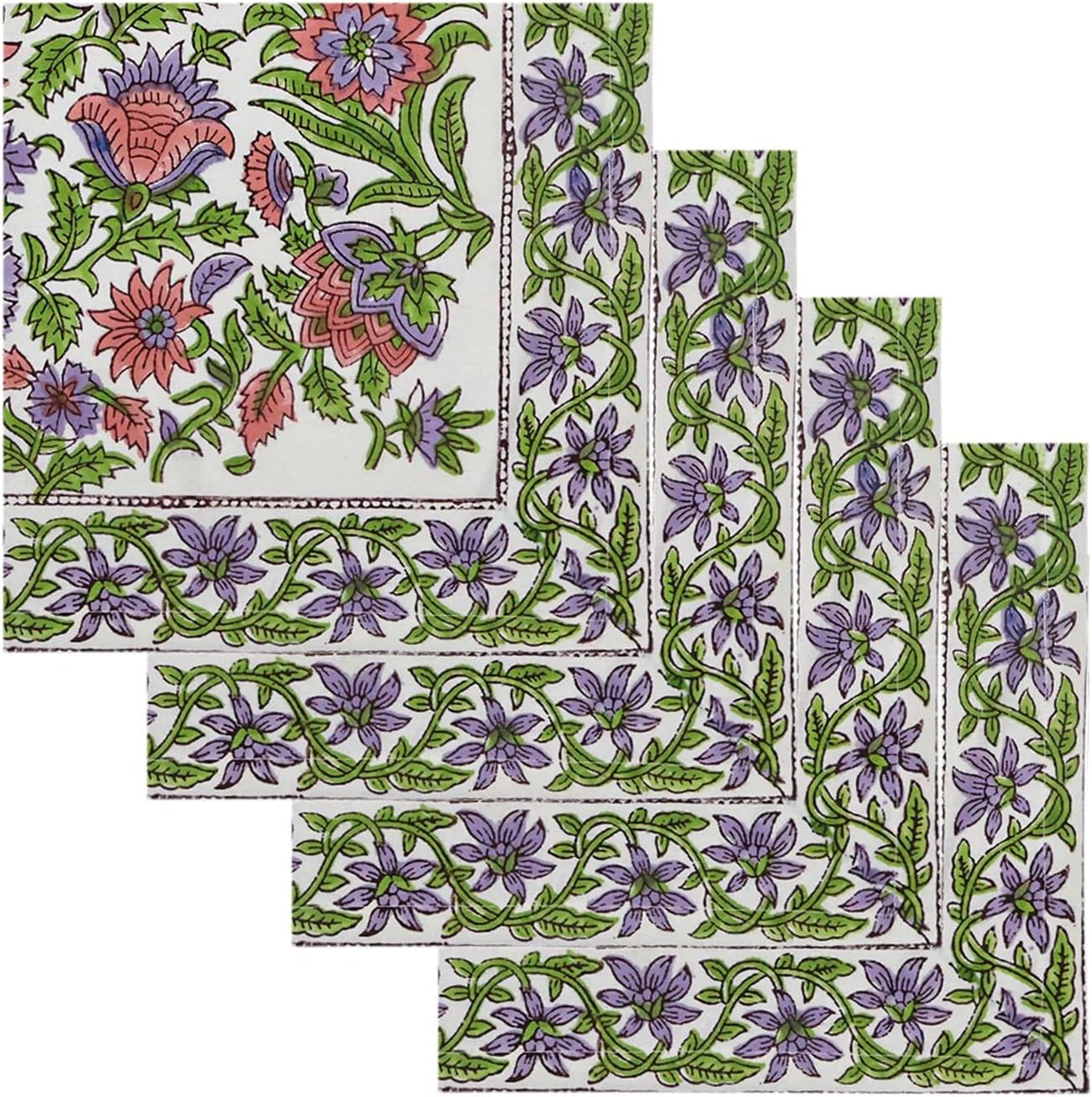 20x20 Inches Cotton Napkins Set of 4, Purple Green, Washable Hand Block Printed Reusable Cloth Napkins for Dinning, Party, Wedding, Home Decor Fall Outdoor