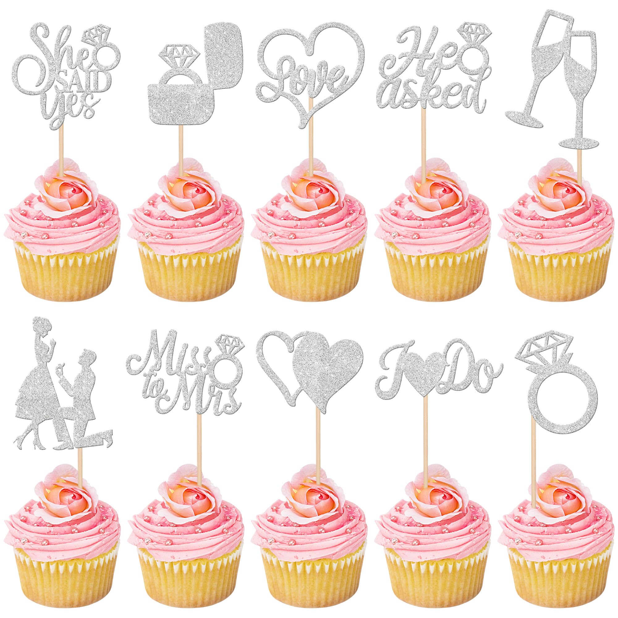 30 Pack He Asked She Said Yes Cupcake Toppers Engagement Cupcake Toppers Miss to Mrs Love Heart Ring Miss to Mrs Cupcake Picks for Wedding Engagement Party Cake Decorations Supplies Silver