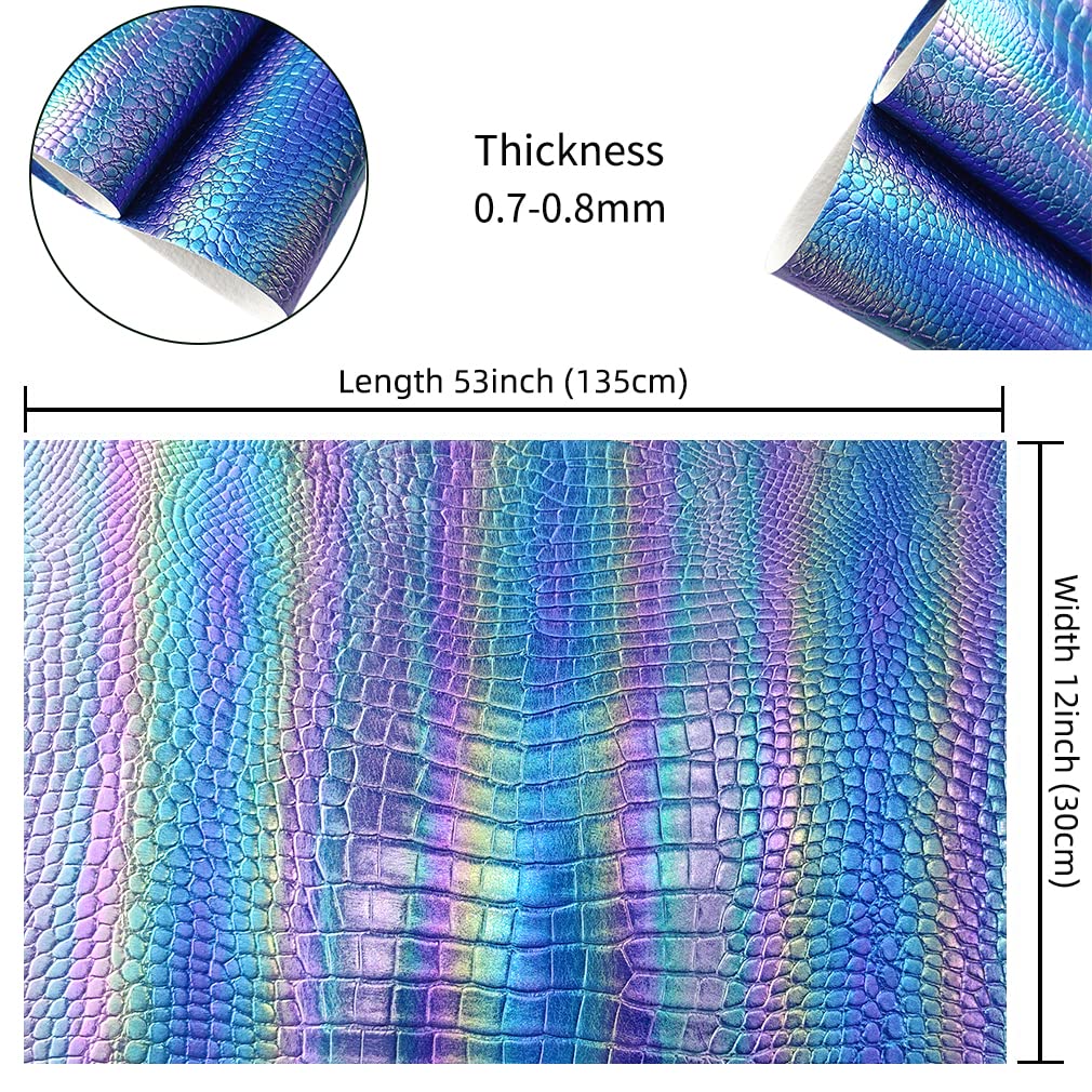 HYANG Rollo de piel sintética holográfica iridiscente con textura de cocodrilo azul oscuro, 30,5 x 134,6 cm, muy adecuado para hacer manualidades, aretes de cuero, decoración de vacaciones, diferentes