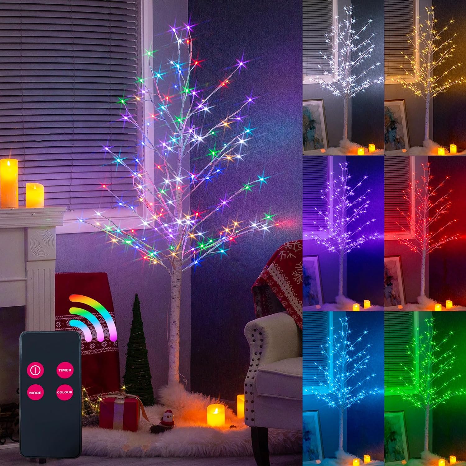 vanthylit multicolor lighted birch tree, color changing rgb lights with remote control timer, 7 modes 125 led 6ft christmas tree for indoor outdoor home wedding party holiday christmas decorations 6ft multicolor birch tree