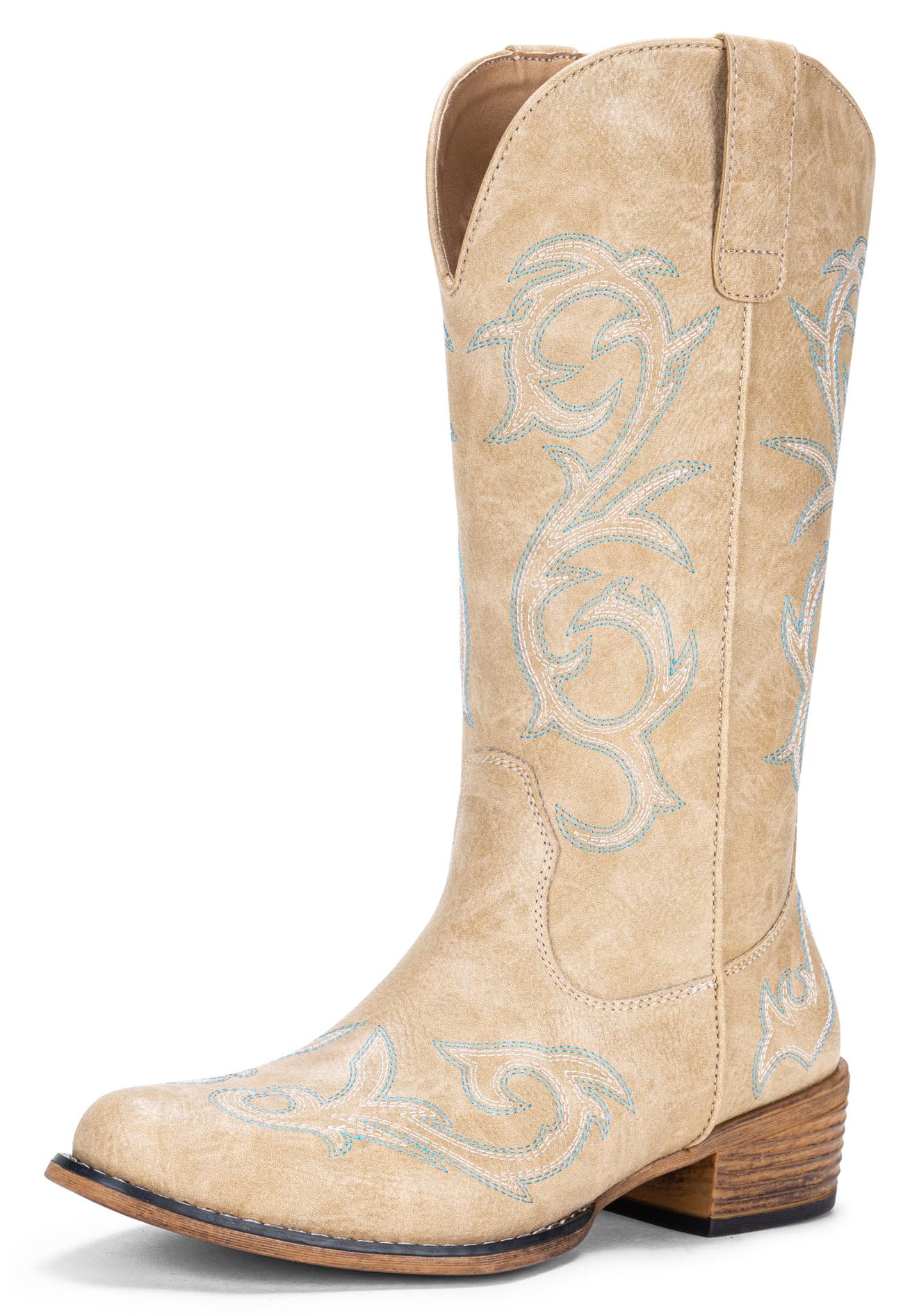 Jeossy 9808 Cowboy Boots for Women Wide Calf Mid Calf Cowgirl Boots with Low Heel Western Shoes with