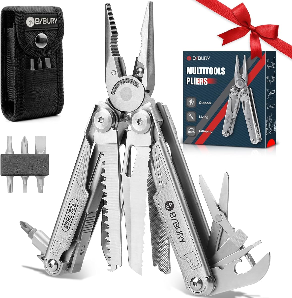 19-in-1 Multitool Pliers with Pocket Knife & Pocket Clip, BI2038A | Safety Lock with Scissors & Nylon Sheath, EDC Multi Tool for Home, Camping, Hiking, Outdoor Survival, Gifts for Men