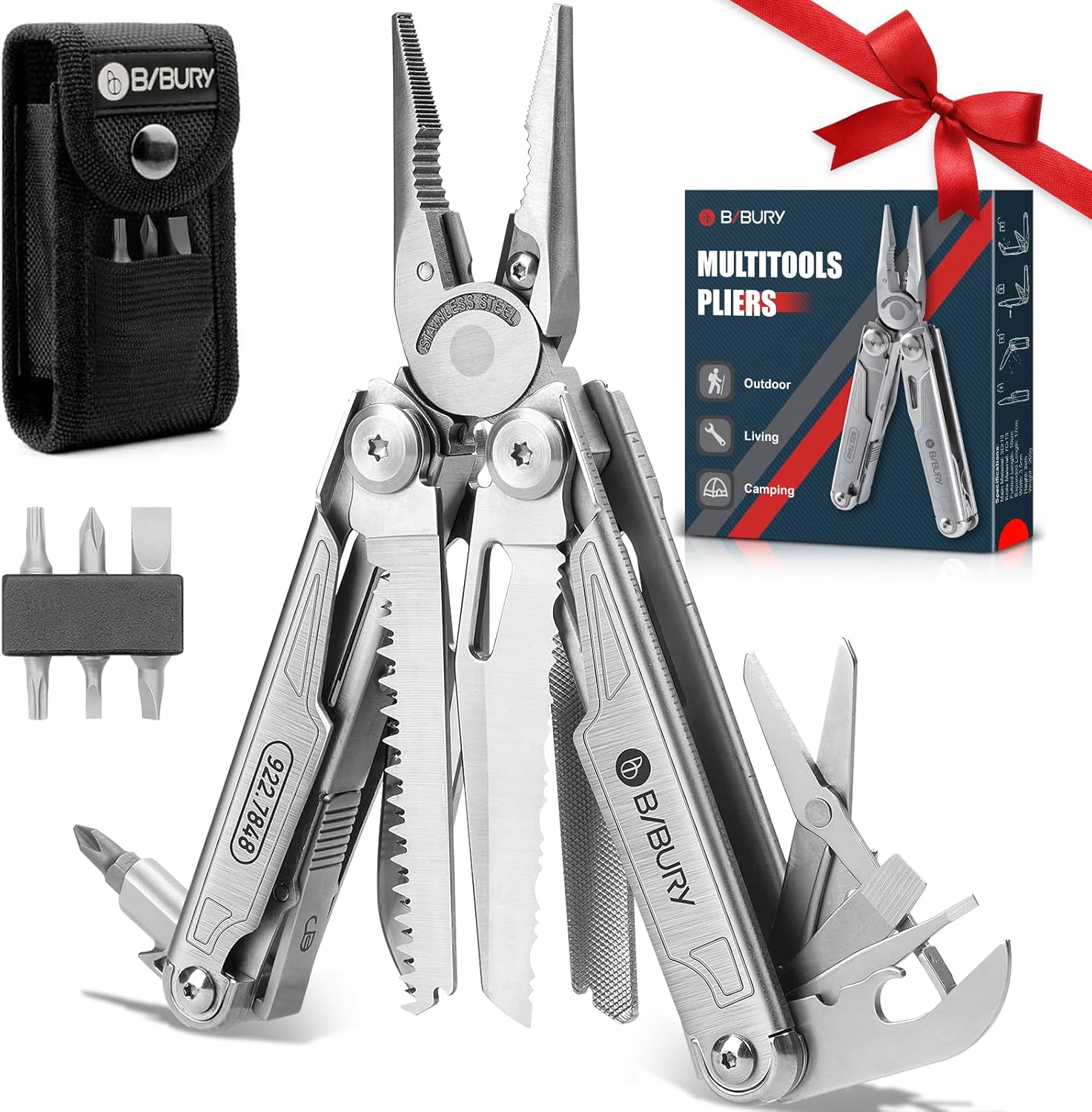 BIBURY Multitool with Pocket Knife, Birthday Gifts for Men, 19-in-1 Stainless Steel Pliers with Scissors, Self-locking Multi tools with EDC Sheath for Home, Camping, Hiking, Survival -BI2038A