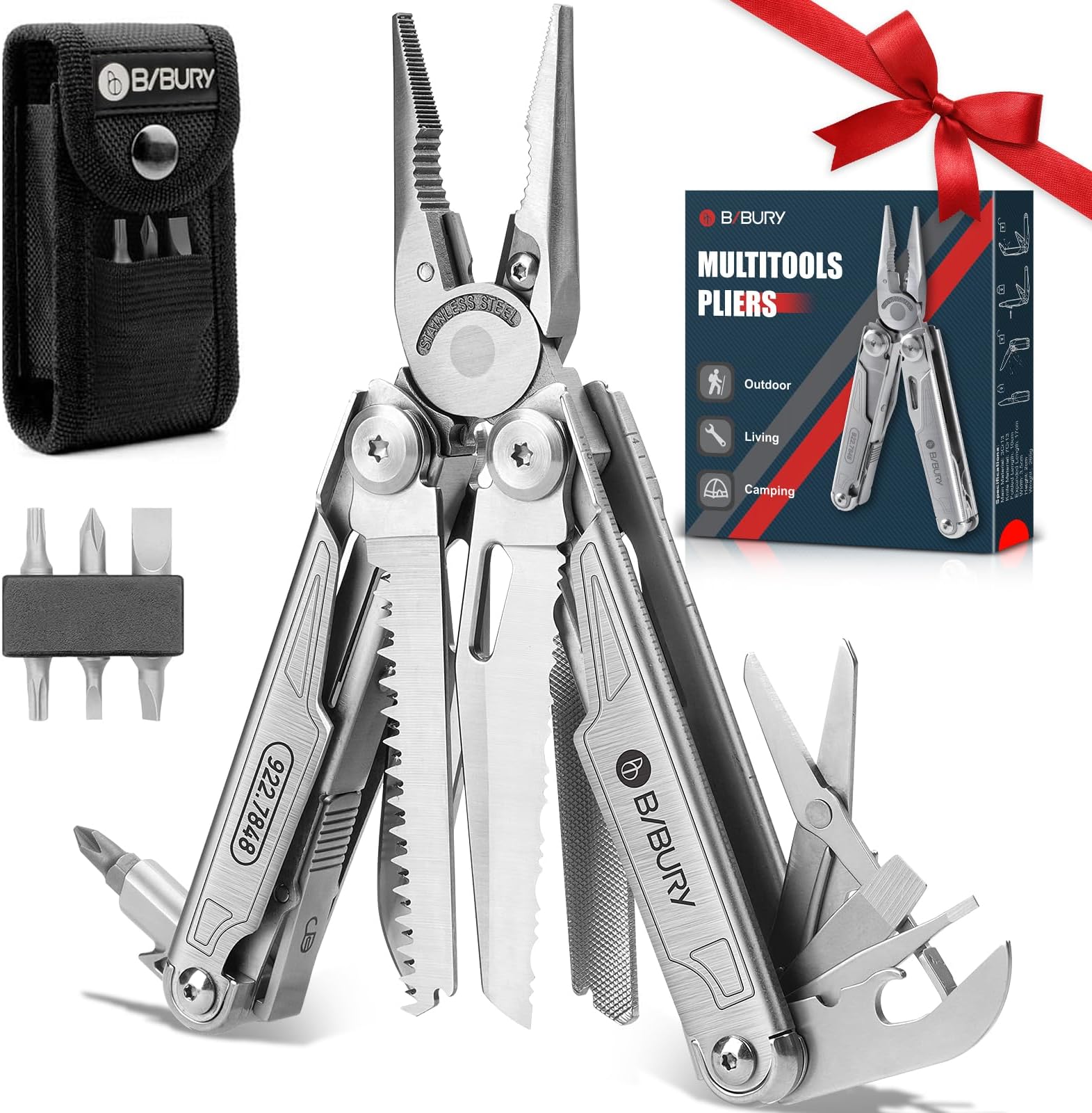 BIBURY Multitool with Pocket Knife, 19-in-1 Stainless Steel Pliers with Scissors, Self-locking Multi tools with EDC Sheath for Home, Camping, Hiking, Survival, Gifts for Men, BI2038A
