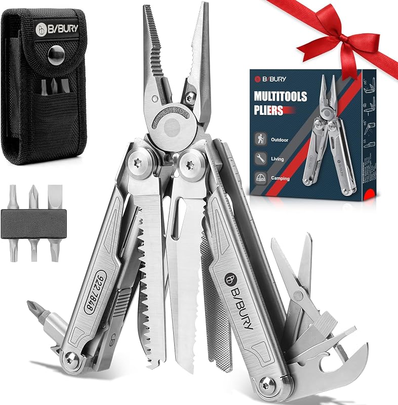 19-in-1 Multitool Pliers with Pocket Knife & Pocket Clip, BI2038A | Safety Lock with Scissors & Nylon Sheath, EDC Multi Tool for Home, Camping, Hiking, Outdoor Survival, Gifts for Men