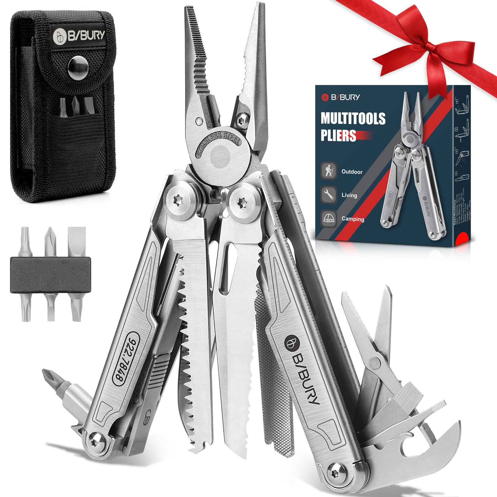 Gifts for Men Dad, Multitool, 19-in-1 Stainless Steel Multi Tool with Fold-able Pliers, Screwdriver Sleeve, Scissors, Nylon Pouch, Muti-tool for Camping Survival Hiking Hunting Repairing