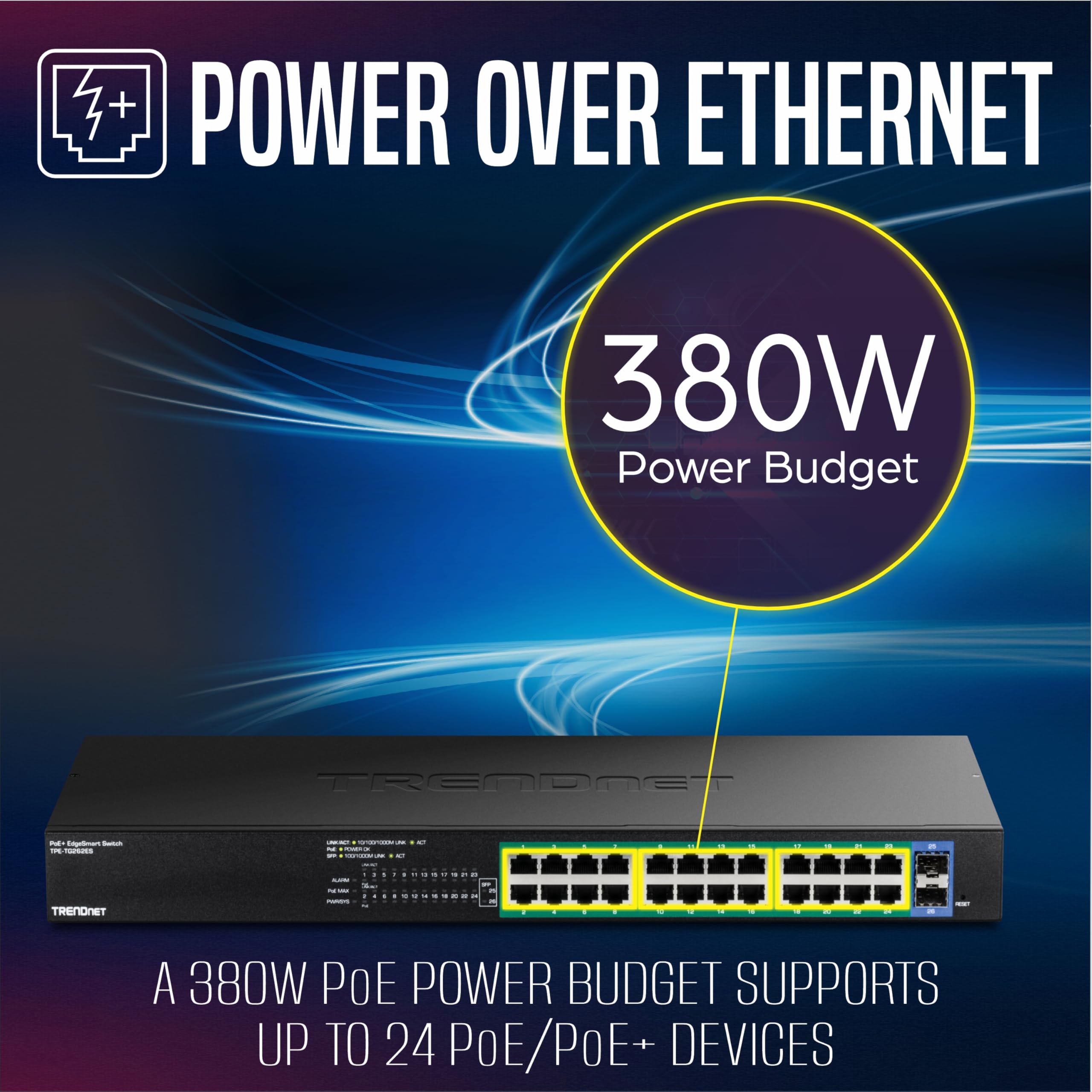 TRENDnet Gigabit EdgeSmart PoE+ Switch de 26 puertos, TPE TG262ES, 380W PoE de presupuesto de energía, 24 puertos Gigabit PoE+, 2 puertos Gigabit SFP, conmutador Ethernet de red gestionado, protección