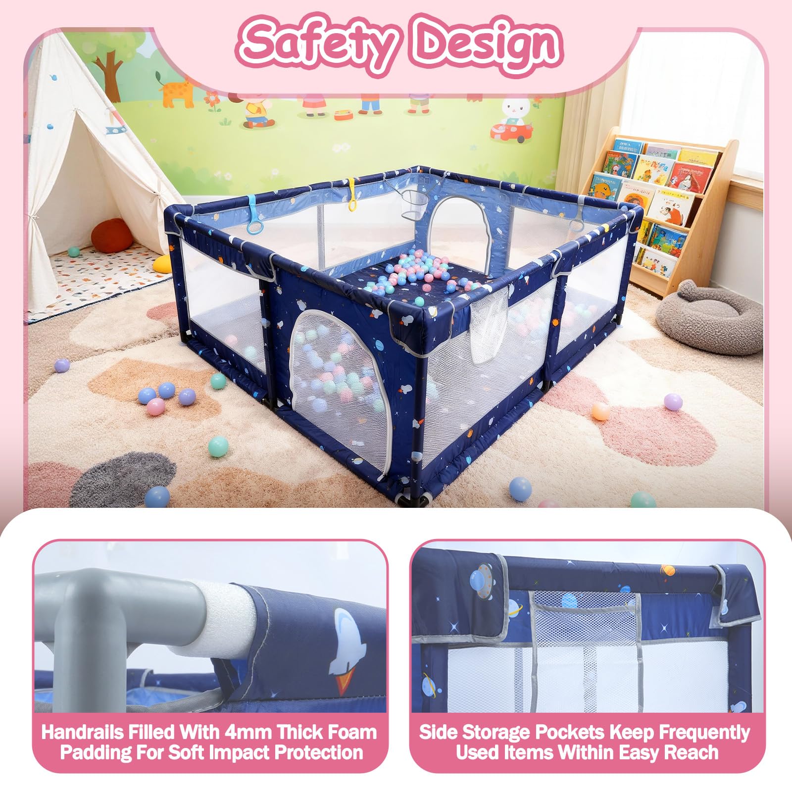 Parc pour bébé - 180 x 150 x 68 cm - Avec anneaux de traction, balles - Filet respirant - Sol antidérapant - Grille de protection pour enfants - Motif dessin animé