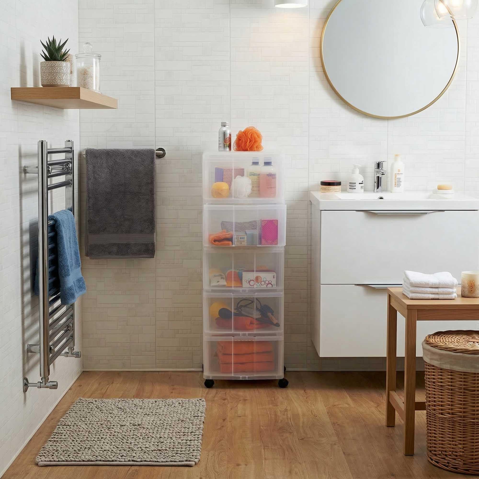 SUNDIS Modulo, tour de rangement plastique, 5 grands tiroirs, roues | Hauteur 104 cm, idéale rangement bureau, cours, documents, fournitures, accessoires