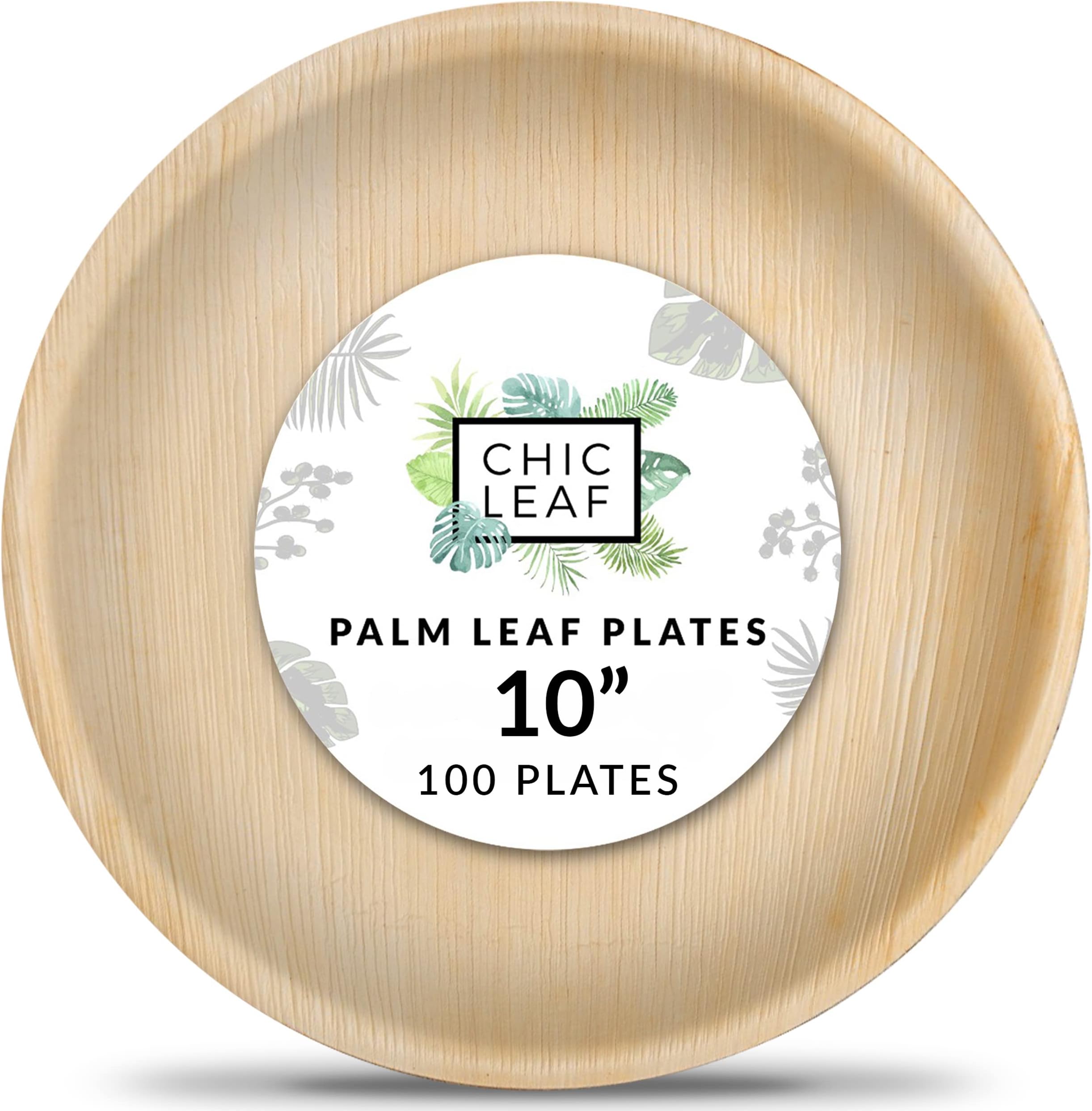 Chic LeafPalm Leaf Plates Disposable Bamboo Plates Like 10" Round Bulk Pack (100 ct) - 100% Compostable and Biodegradable Party Plates - Heavy Duty Eco Friendly Wedding Plates