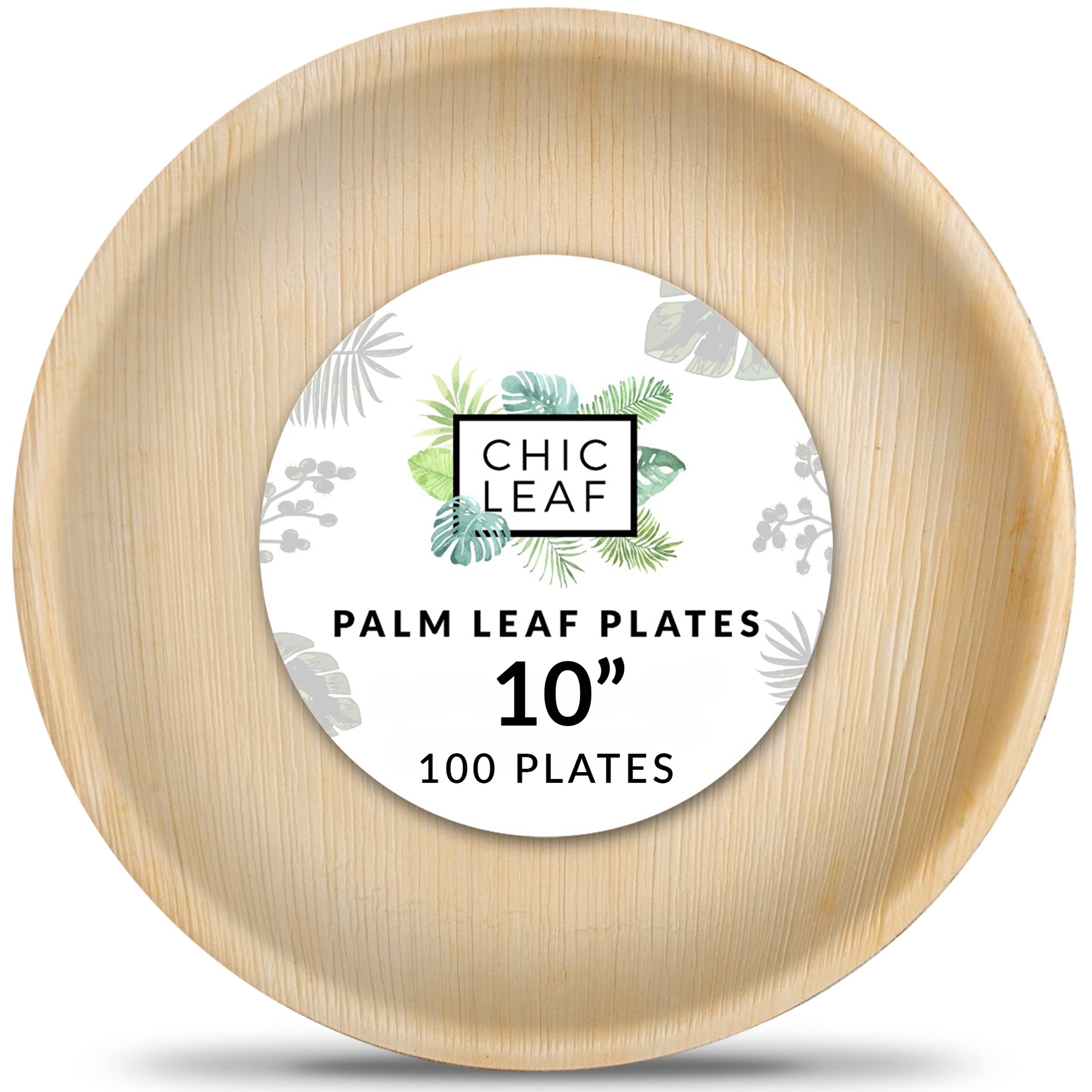 Chic LeafPalm Leaf Plates Disposable Bamboo Plates Like 10" Round Bulk Pack (100 ct) - 100% Compostable and Biodegradable Party Plates - Heavy Duty Eco Friendly Wedding Plates