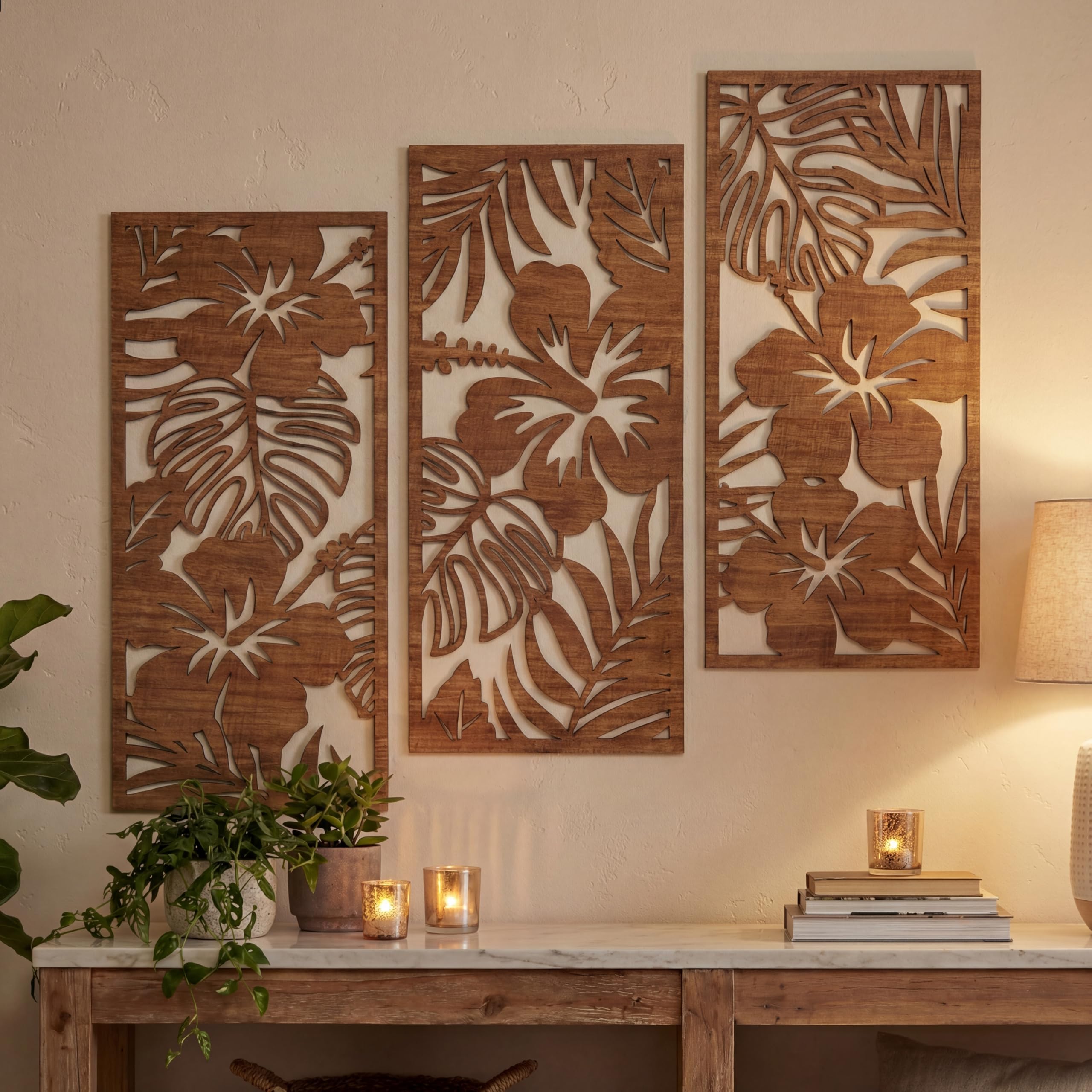 Threehoney 3 Pcs Tropical Wall Decor 3d Wooden Palm Leaf Wall Art Monstera Sculptures Wood Hibiscus Flowers Hanging Decor Vintage Plant Plaque for Home Bathroom 7.09 x 15.75 Inch(Classic Style)