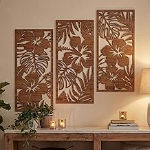 Threehoney 3 Pcs Tropical Wall Decor 3d Wooden Palm Leaf Wall Art Monstera Sculptures Wood Hibiscus Flowers Hanging Decor Vintage Plant Plaque for Home Bathroom 7.09 x 15.75 Inch(Classic Style)