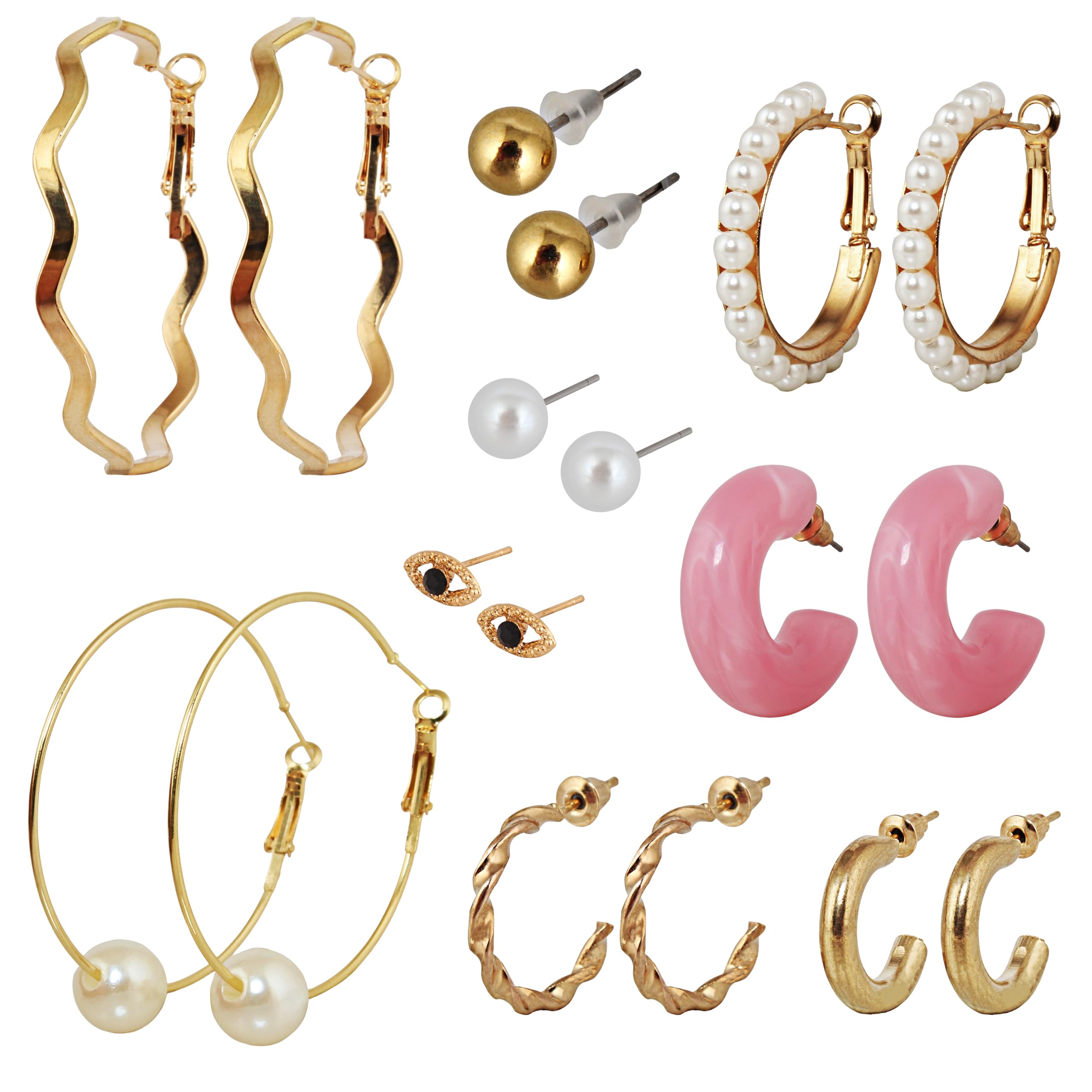 LUCKY JEWELLERY Fashion 9 Pairs Combo Set Of Latest Earrings Celebrity Inspired Stylish Trendy Gold Plated Stud Tops, Ho