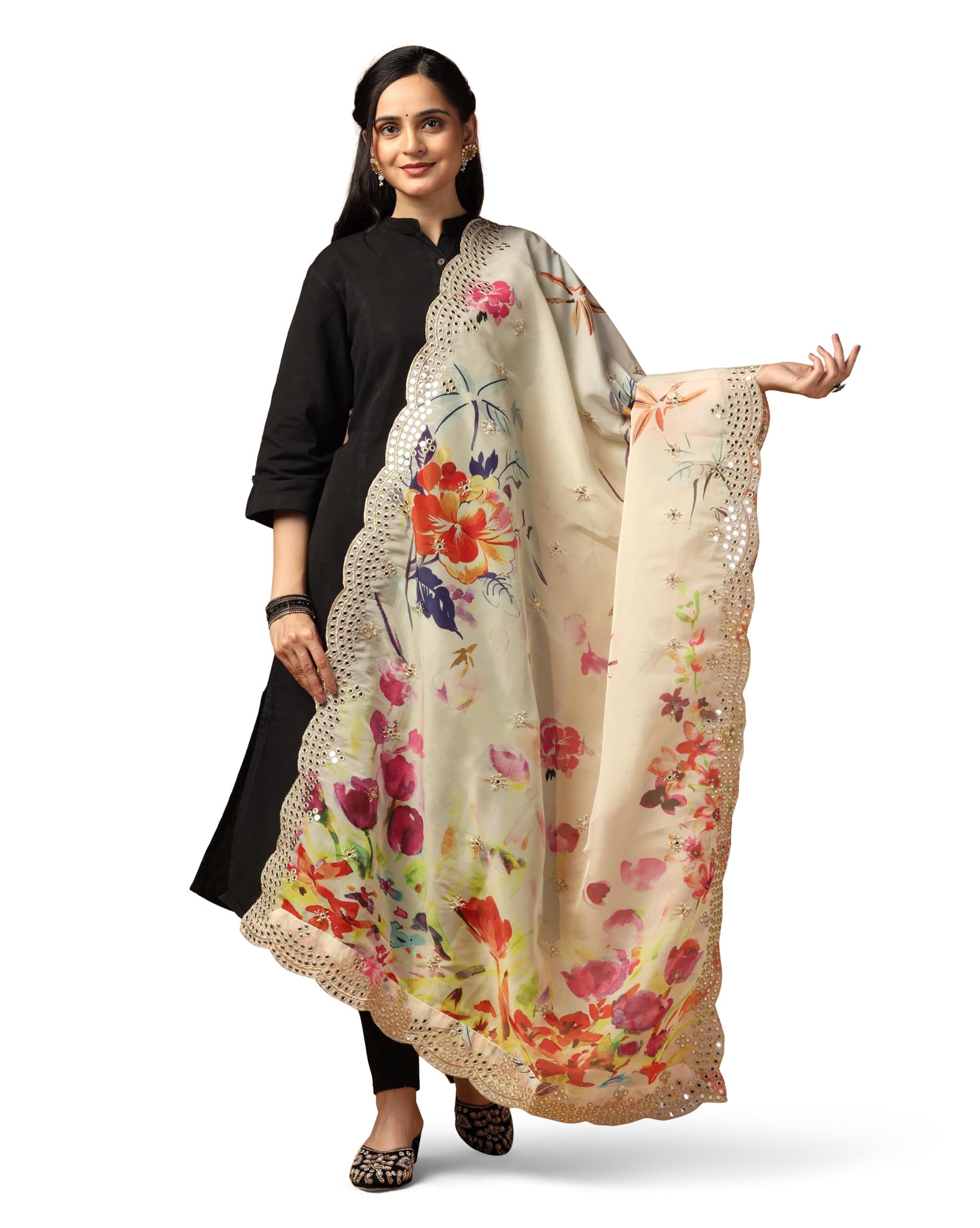 kahiraa wholetex Beautiful Embroidery Sequence Mirror Work Organza Silk Dupatta for Women, Ethnic Digital Print Free Size Silk Dupatta in Multi Color-picture-27