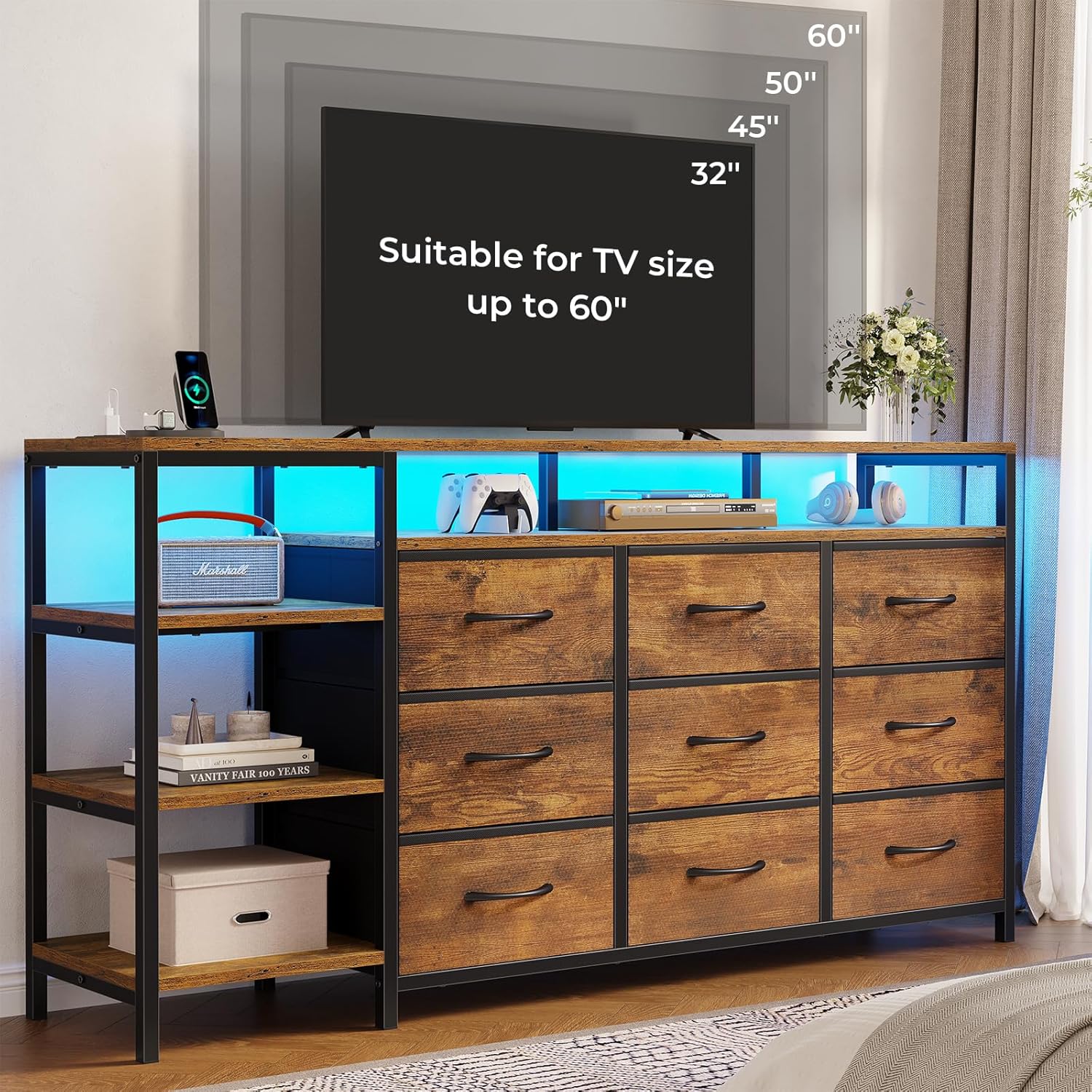 TV Stand for 60 Inches, Dresser With Charging Station & LED Lights, 9 Fabric Drawers, Entertainment Center and Industrial Console Table With Open Shelves for Living Room, Bedroom, Rustic Brown TV Stand for 60 Inches, Dresser With Charging Station & LED Lights, 9 Fabric Drawers, Entertainment Center and Industrial Console Table With Open Shelves for Living Room, Bedroom, Rustic Brown