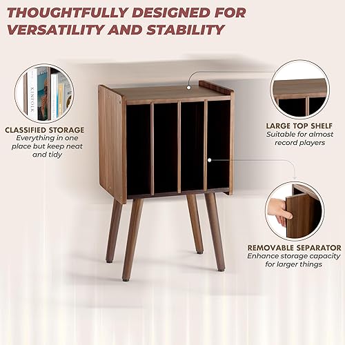 Miniatura 3 de Soporte de madera para tocadiscos, mesa de almacenamiento de discos de vinilo con 4 gabinetes, capacidad para hasta 100 LPs, soporte organizador de