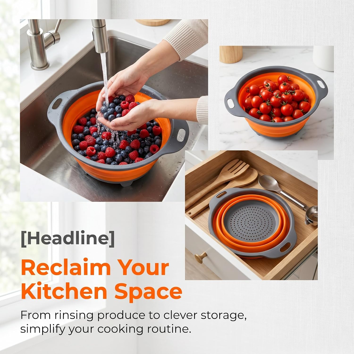3-Piece Collapsible Kitchen Colander Set - Space-Saving Foldable Food Strainer with Sturdy Handles & Anti-Slip Base for Draining Pasta, Berry, Vegetable, Fruits - Perfect for RV, Camping (Orange)