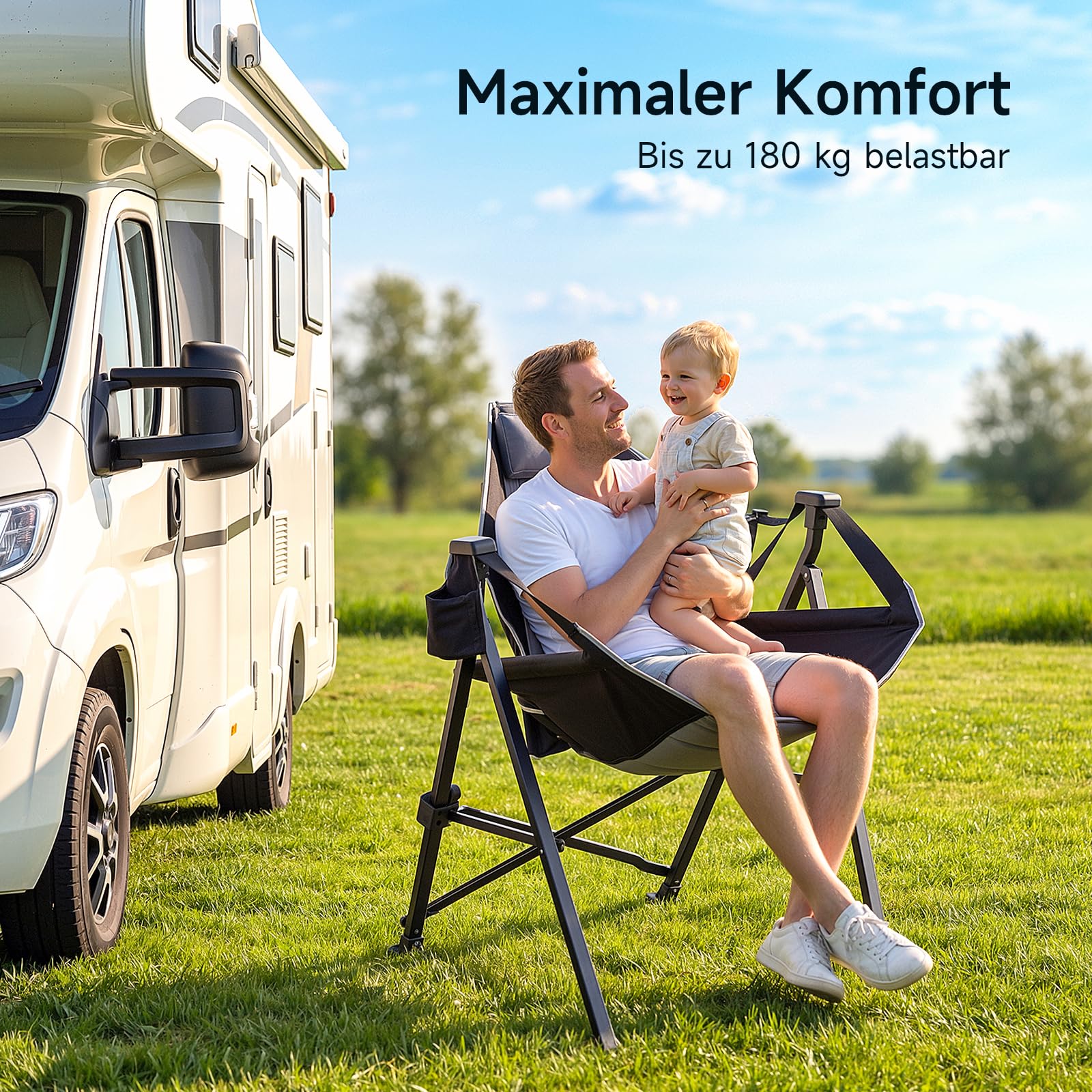 Faltbarer Campingstuhl mit Fußstütze, 180kg, Schaukelfunktion