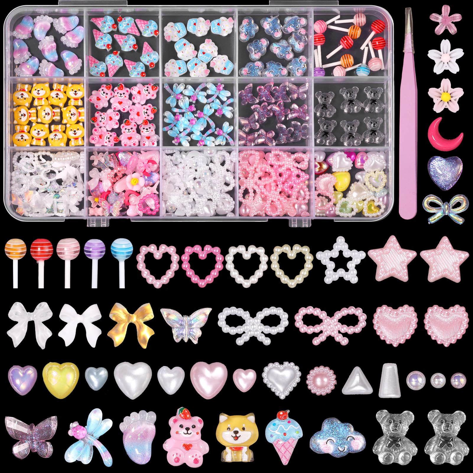 CESUSME 3D Cute Candy Nail Art Charms, Lollipop Bear Butterfly Nail Charms, Bow Heart Star Nail Pearls Charms, Phone Junk Case Charms for Nail Art DIY Accessories
