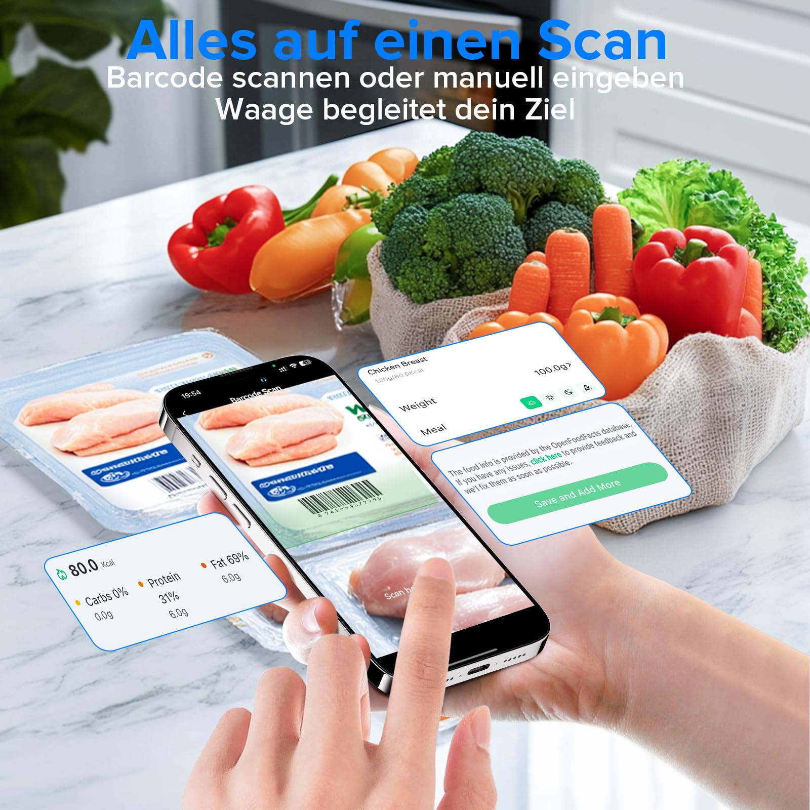 Belife Küchenwaage digital mit Nährwertberechnung, Ernährungswaage App verfolgt 19 Nährstoffe, Kaloriendatenanalyse, Edelstahl-Ernährungswaage, Lebensmittelwaage geeignet für Gewichtsverlust, 5KG-1g