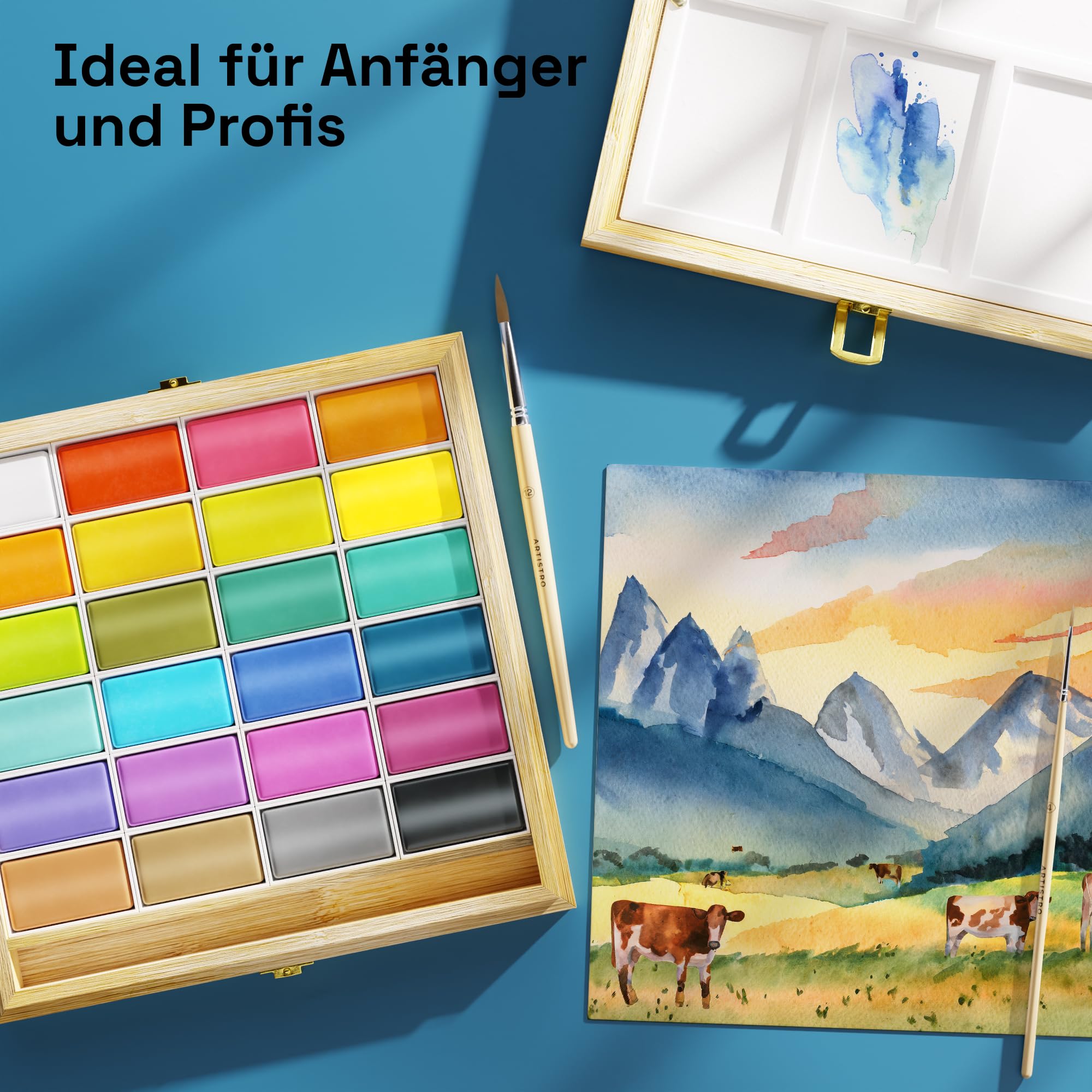 Artistro x HANNAH M.P Aquarellfarben-Set, limitierte Auflage, 24 Farben in Bambus-Holzbox (6 ml XL-Pfannen) – 2 Pinsel, Aquarellpapier, Mischtablett – Reise-Aquarell-Set für Anfänger und Profis